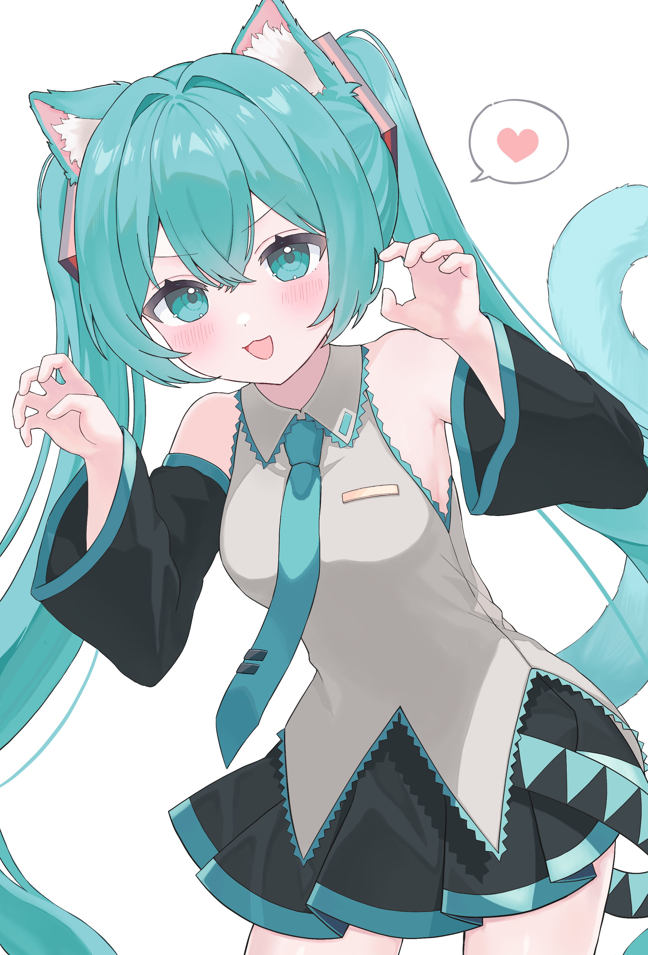 omame 3de, hatsune miku, vocaloid, absurdres, commentary, highres, 1girl, :3, :d, animal ear fluff, animal ears, aqua eyes, aqua hair, aqua necktie, aqua trim, bare shoulders, black skirt, black sleeves, blush, breasts, cat ears, cat girl, cat tail, collared shirt, cowboy shot, crossed bangs, detached sleeves, frilled shirt, frills, grey shirt, hair between eyes, hair intakes, hair ornament, hands up, kemonomimi mode, long hair, long sleeves, looking at viewer, medium breasts, miniskirt, necktie, open mouth, paw pose, pleated skirt, shirt, sidelocks, simple background, skirt, sleeveless, sleeveless shirt, smile, solo, standing, tail, tie clip, twintails, untucked shirt, very long hair, white background, wide sleeves