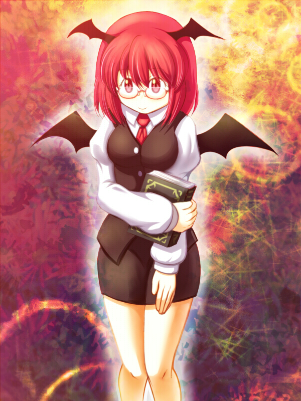 qontamblue, koakuma, embodiment of scarlet devil, touhou, 1girl, bat wings, bespectacled, book, breasts, female focus, glasses, head wings, long hair, red eyes, red hair, short hair, solo, standing, wings
