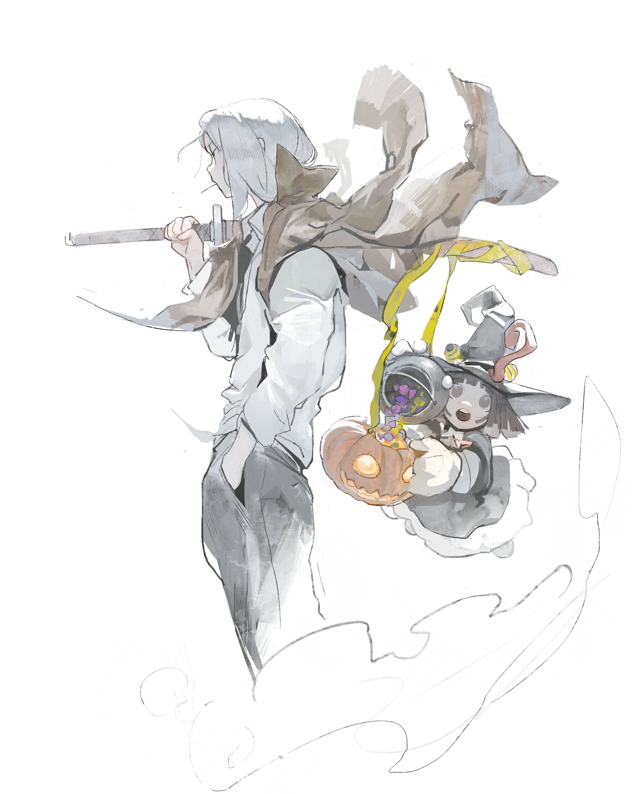 kanji (nievart), angela leon, mifune (soul eater), soul eater, absurdres, highres, 1boy, 1girl, brown hair, candy, food, hand in pocket, hat, holding, holding sword, holding weapon, jack-o'-lantern, jacket, jacket on shoulders, katana, long hair, long sleeves, pants, shirt, simple background, sword, weapon, white background, white hair, white shirt, witch, witch hat