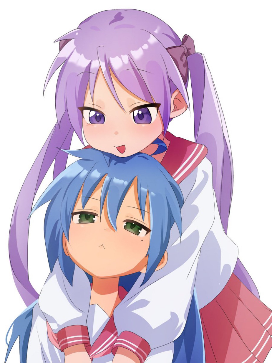 gsa082rnw, hiiragi kagami, izumi konata, lucky star, highres, 2girls, :d, ahoge, behind another, blue hair, bow, green eyes, hair bow, long hair, mole, mole under eye, multiple girls, open mouth, purple eyes, purple hair, ryouou school uniform, school uniform, smile, twintails, white background