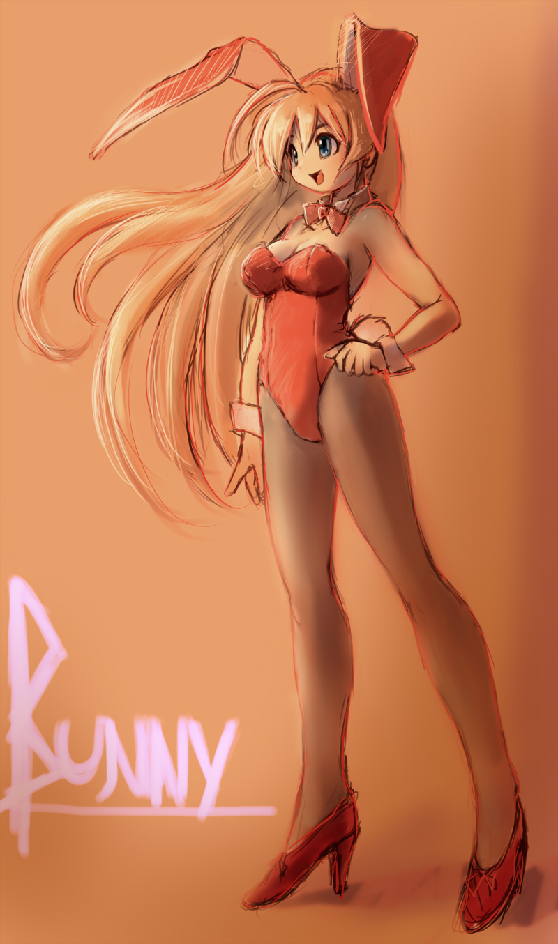 guma, highres, animal ears, blonde hair, blue eyes, fake animal ears, hand on own hip, hip focus, long hair, pantyhose, playboy bunny, rabbit ears, solo