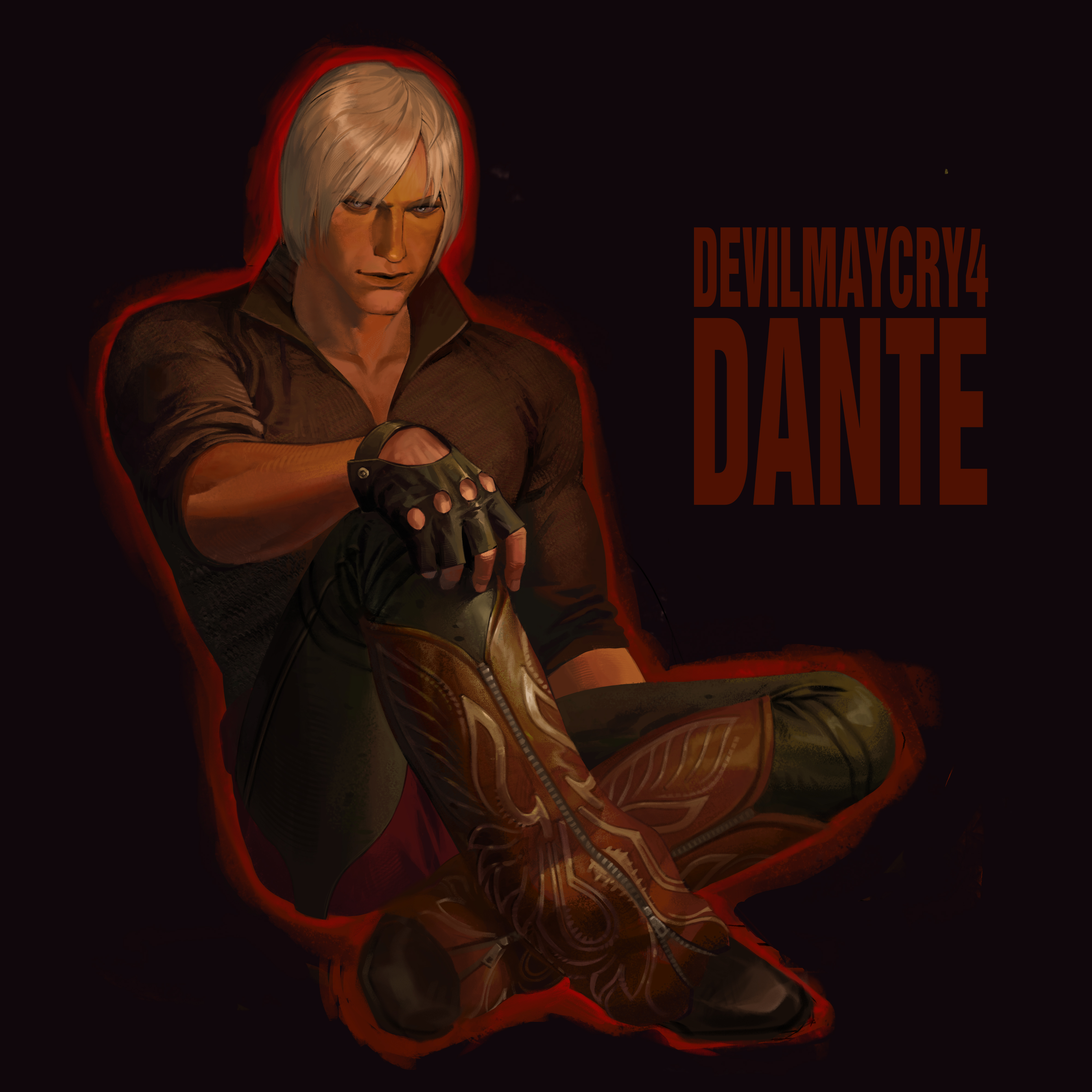 maozhu, dante (devil may cry), devil may cry, devil may cry (series), devil may cry 4, absurdres, commentary, highres, 1boy, black gloves, black pants, boots, closed mouth, collarbone, cowboy boots, expressionless, fingerless gloves, gloves, knee up, male focus, outline, pants, pectorals, red outline, short hair, sitting, solo, white hair