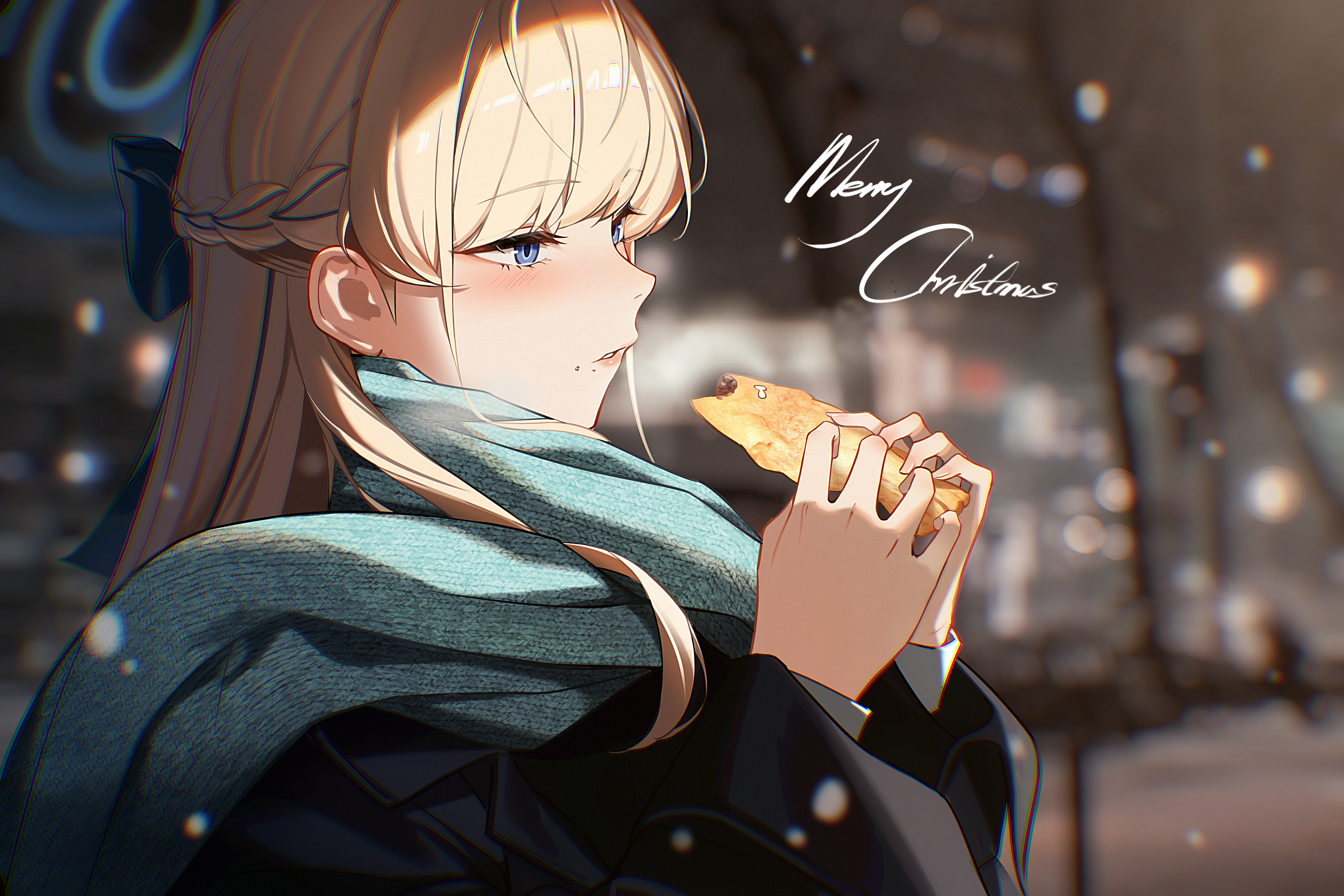 dong (art woodong), toki (blue archive), blue archive, absurdres, commentary request, highres, korean commentary, 1girl, black coat, blonde hair, blue bow, blue eyes, blue halo, blue scarf, blurry, blurry background, bow, braid, breath, christmas, coat, crumbs, depth of field, eating, english text, food, food on face, from side, hair bow, half up braid, halo, holding, holding food, long sleeves, looking ahead, merry christmas, outdoors, portrait, scarf, snowing, solo, taiyaki, wagashi, winter