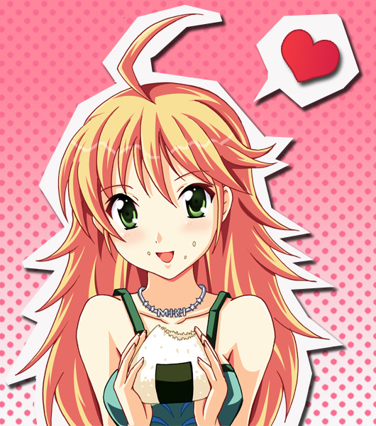 ryusei (green aqua road), hoshii miki, idolmaster, idolmaster (classic), 00s, 1girl, ahoge, blonde hair, female focus, food, food on face, green eyes, heart, jewelry, long hair, onigiri, rice, rice on face, simple background, smile, solo