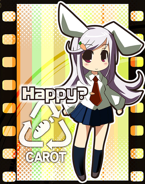morogami ryou, reisen udongein inaba, touhou, 1girl, animal ears, arrow (symbol), carrot, english text, engrish text, female focus, long hair, necktie, purple hair, rabbit ears, ranguage, recycling symbol, red eyes, red necktie, skirt, solo