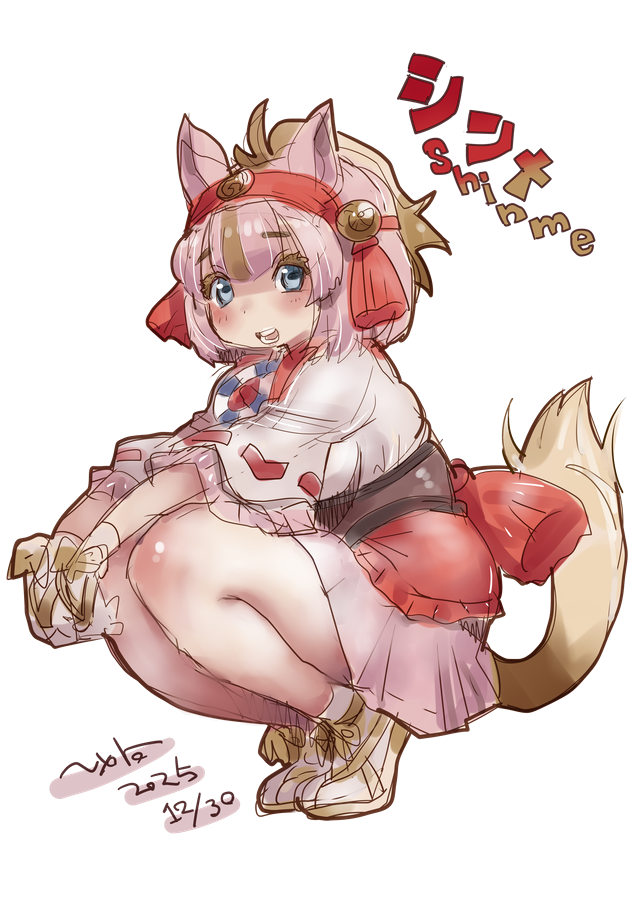 nyororiso (muyaa), kemono friends, 1girl, animal ears, blue eyes, extra ears, full body, gloves, hair ornament, horse ears, horse girl, horse tail, looking at viewer, pink hair, ribbon, shinme (kemono friends), shirt, shoes, short hair, simple background, sitting, skirt, socks, solo, tail