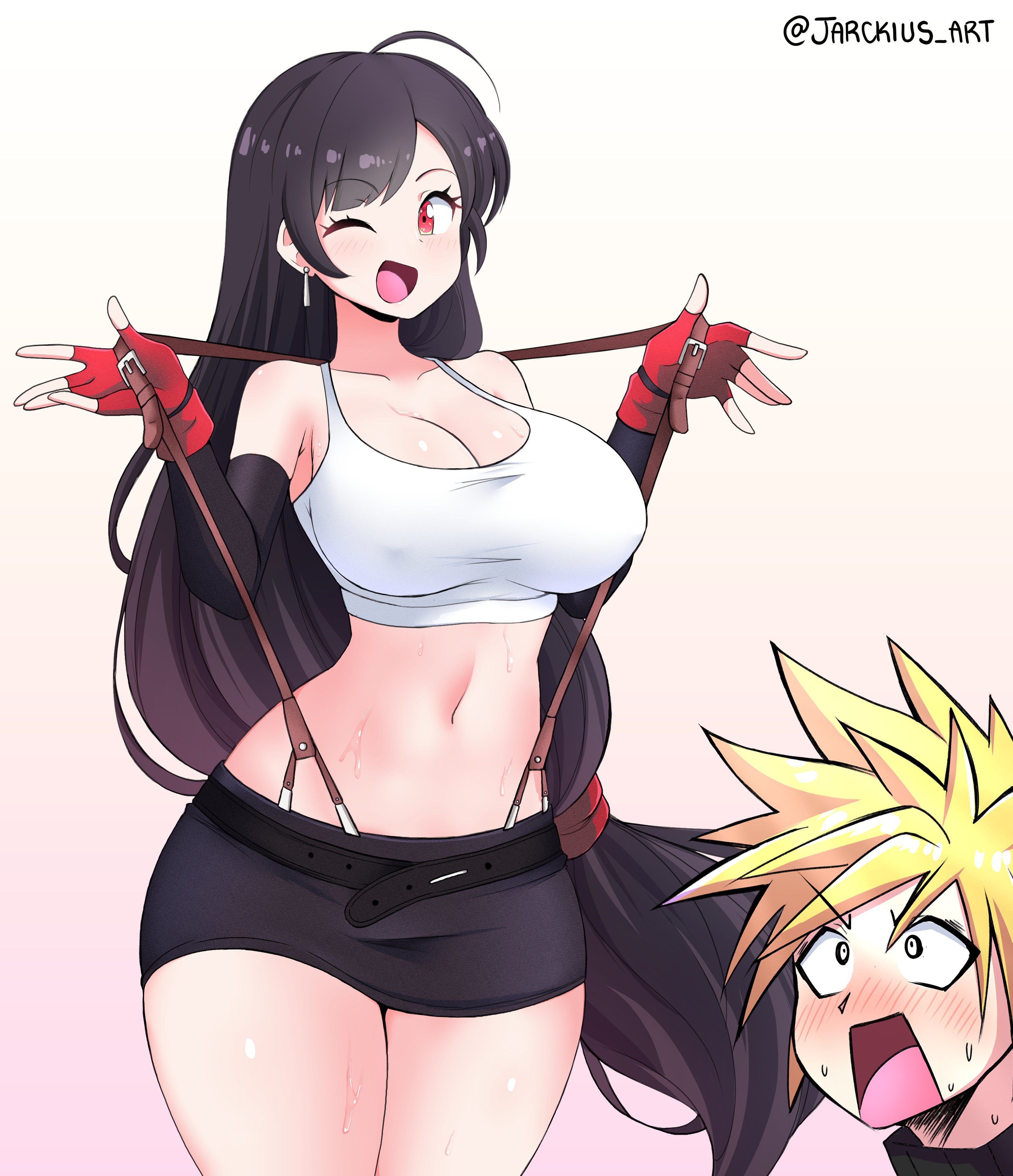 jarckius, cloud strife, tifa lockhart, final fantasy, final fantasy vii, absurdres, commentary, english commentary, highres, 1boy, 1girl, bare shoulders, black hair, black skirt, black sleeves, blonde hair, blush, breasts, cleavage, collarbone, covered erect nipples, cowboy shot, crop top, detached sleeves, earrings, fingerless gloves, gloves, gradient background, jewelry, large breasts, long hair, looking at another, looking at viewer, low-tied long hair, midriff, miniskirt, navel, one eye closed, open mouth, pencil skirt, red eyes, red gloves, skirt, spiked hair, suspender skirt, suspenders, suspenders pull, sweat, tank top, thighs, twitter username, very long hair, white tank top, wide hips