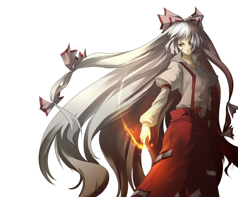 dakkarubi, fujiwara no mokou, touhou, 1girl, female focus, fire, long hair, ofuda, ribbon, simple background, solo, standing, white background