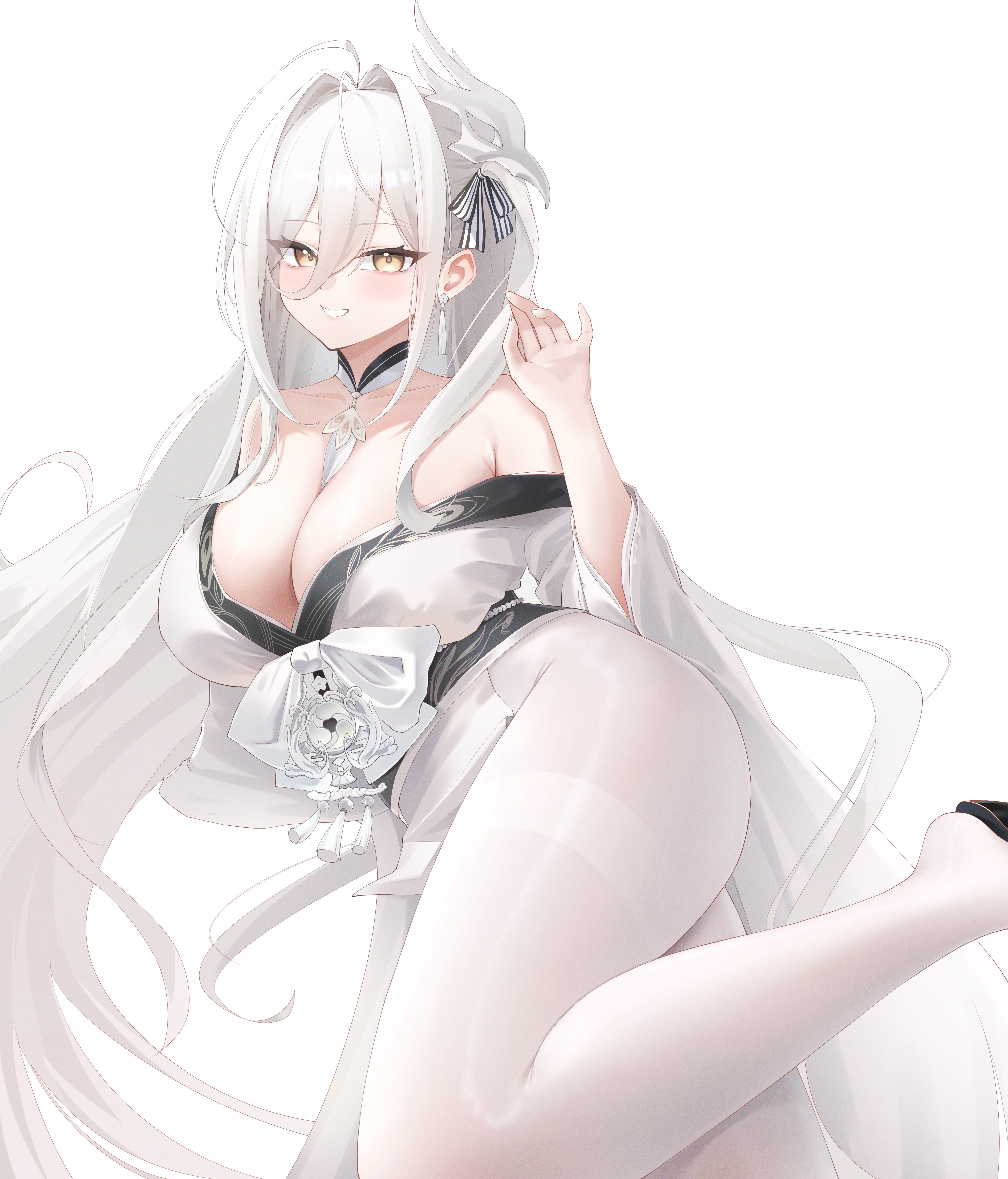 eryuhe, hakuhou (azur lane), azur lane, absurdres, commentary request, highres, 1girl, bare shoulders, between breasts, bird mask, breasts, cleavage, collarbone, earrings, feet out of frame, hair between eyes, hand up, huge breasts, japanese clothes, jewelry, kimono, long hair, looking at viewer, mask, mask on head, pantyhose, sidelocks, simple background, smile, solo, teeth, white background, white kimono, white pantyhose, wide sleeves, yellow eyes
