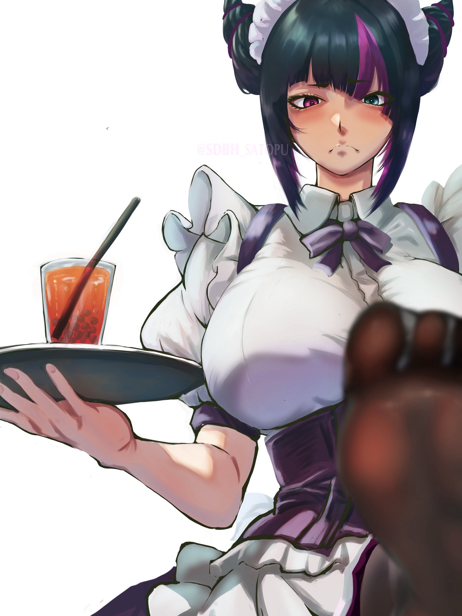 satopuu, han juri, street fighter, highres, 1girl, :c, arm up, black pantyhose, blue eyes, blush, bow, bowtie, breasts, bubble tea, collared shirt, cone hair bun, frilled hairband, frills, frown, hair bun, hairband, heterochromia, holding, holding tray, large breasts, maid, multicolored hair, pantyhose, pleated skirt, puffy short sleeves, puffy sleeves, purple eyes, shirt, short sleeves, sidelocks, skirt, toes, tray, two-tone hair, white shirt
