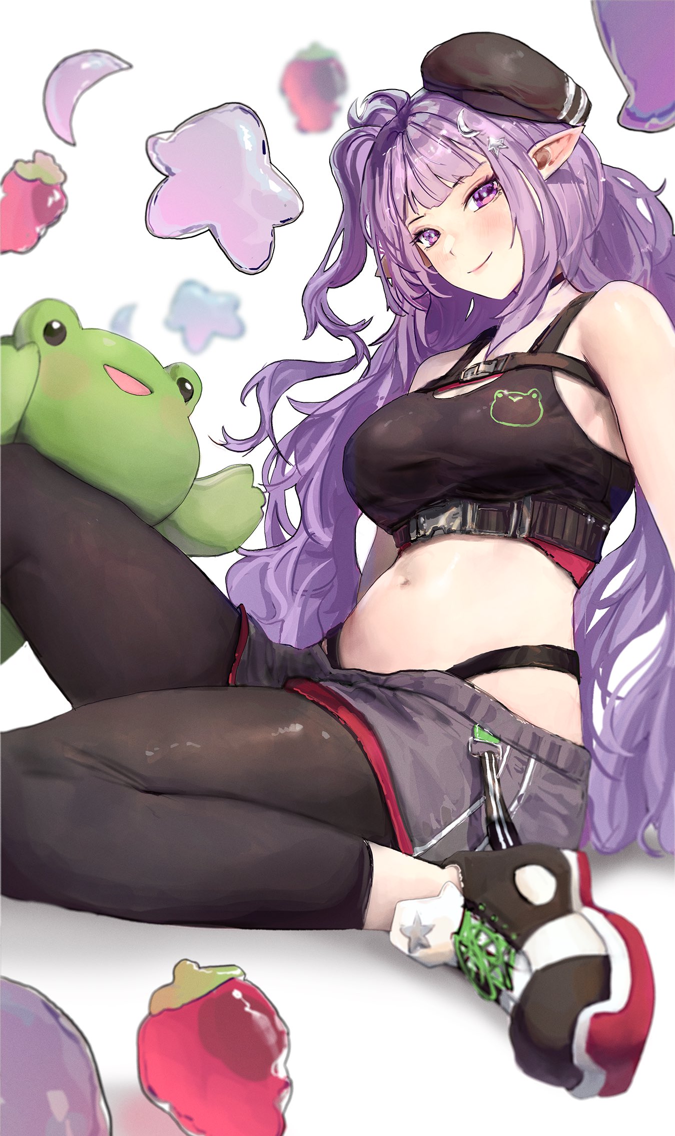 mn374390, eepy sleepy, phase connect, highres, 1girl, bare shoulders, beret, black hat, black pantyhose, black tank top, breasts, crop top, grey shorts, hat, large breasts, long hair, looking at viewer, midriff, navel, pantyhose, pointy ears, purple eyes, purple hair, shoes, shorts, sleeveless, smile, sneakers, solo, tank top, virtual youtuber