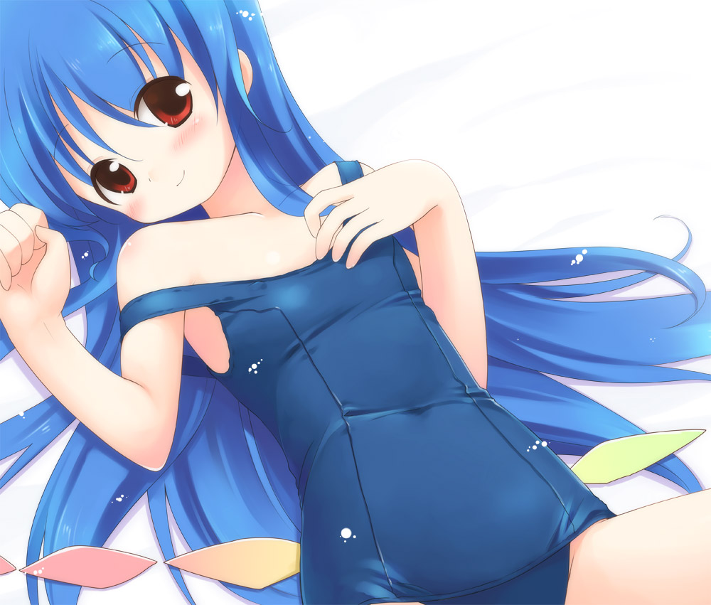 emurin, hinanawi tenshi, team shanghai alice, touhou, 1girl, blue hair, child, female focus, long hair, one-piece swimsuit, red eyes, school swimsuit, solo, strap slip, swimsuit
