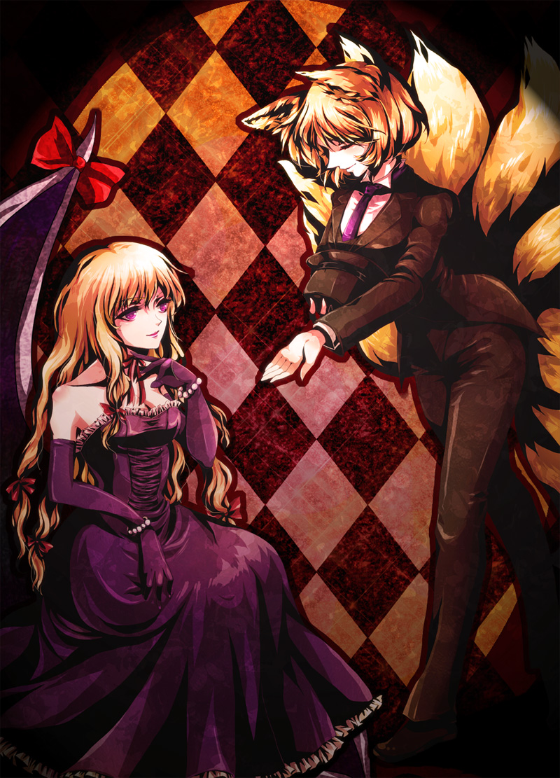 awa toka, yakumo ran, yakumo yukari, touhou, bad id, bad pixiv id, 2girls, alternate costume, animal ears, blonde hair, contemporary, elbow gloves, female focus, formal clothes, fox ears, fox tail, gap (touhou), gloves, hat, long hair, multiple girls, multiple tails, pant suit, pants, purple eyes, short hair, suit, tail