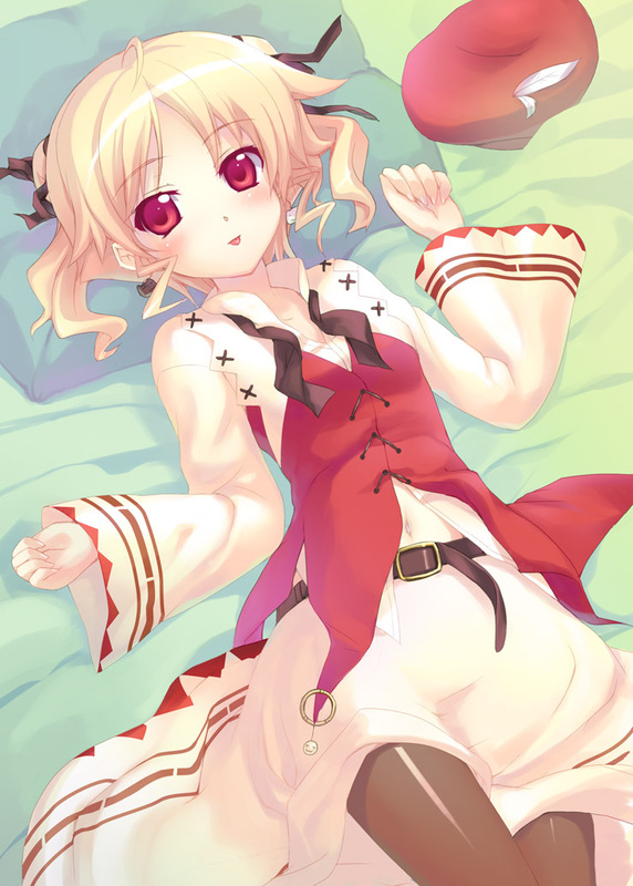 minamura haruki, agnes boulange, shukufuku no campanella, untied, 1girl, :p, bed, belt, beret, blonde hair, blush, earrings, female focus, hair ribbon, hat, jewelry, looking at viewer, lying, on back, pantyhose, pillow, red eyes, ribbon, short hair, solo, tongue, tongue out, twintails, unworn hat, unworn headwear