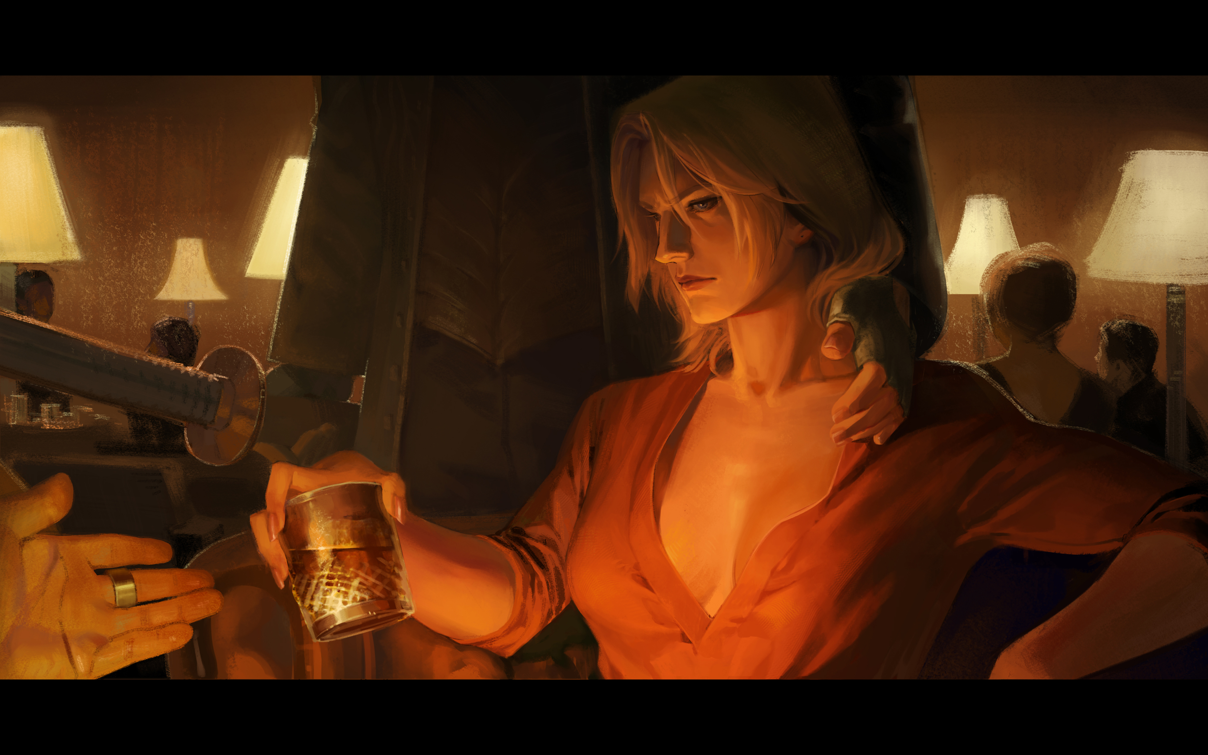 maozhu, dante (devil may cry), vergil (devil may cry), devil may cry (series), devil may cry 5, absurdres, highres, 1boy, 1girl, alcohol, breasts, cleavage, closed mouth, collarbone, cup, fingerless gloves, genderswap, genderswap (mtf), gloves, grey eyes, holding, holding cup, holding sword, holding weapon, indoors, jewelry, lamp, letterboxed, lipstick, makeup, red shirt, ring, shirt, short hair, sword, weapon