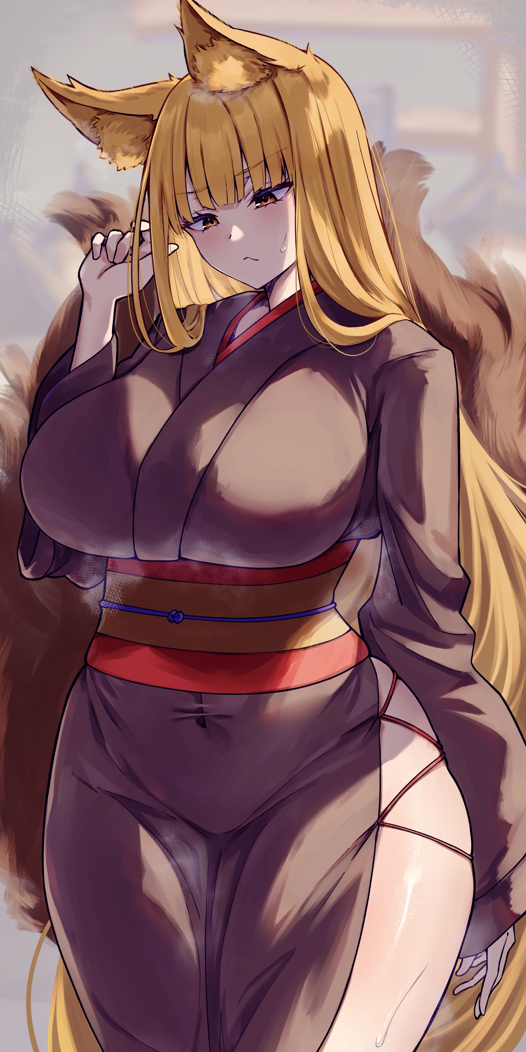 mirufi (milfiiiiyu), original, absurdres, commentary request, highres, 1girl, animal ear fluff, animal ears, blonde hair, breasts, covered navel, cross-laced clothes, fox ears, fox girl, fox tail, japanese clothes, kimono, kitsune, large breasts, long hair, multiple tails, obi, sash, side slit, skindentation, solo, sweat, tail, very long hair