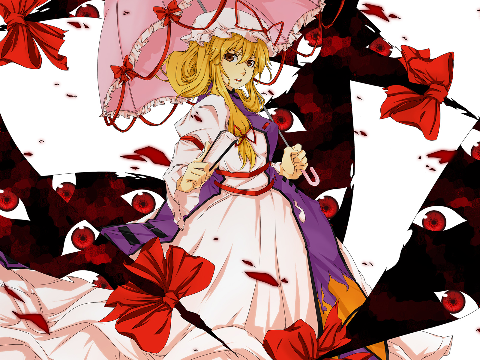 itsuki (nanairo megane), nanairomegane, yakumo yukari, touhou, highres, 1girl, blonde hair, female focus, gap (touhou), hand fan, hat, short hair, solo, umbrella, yellow eyes