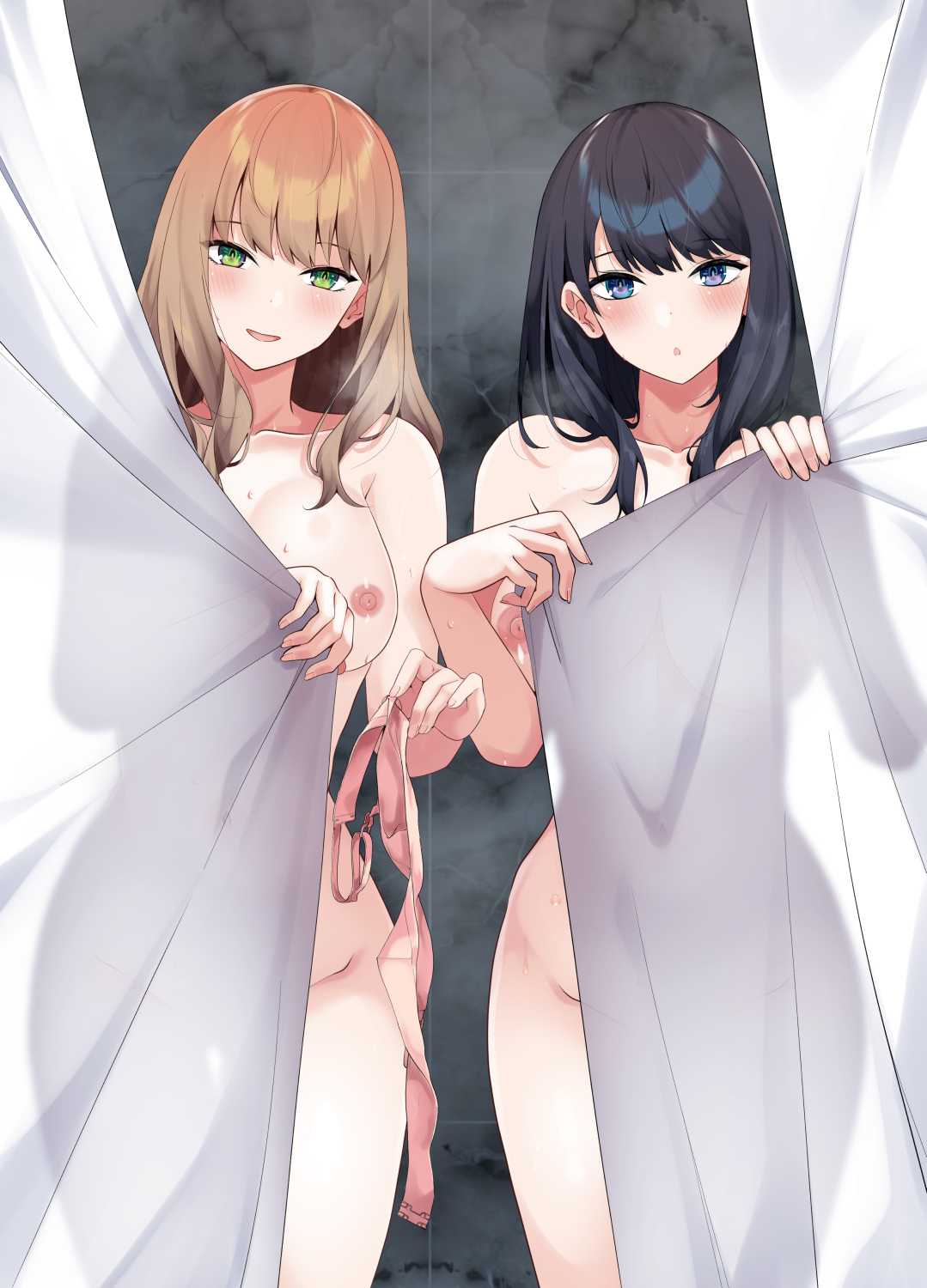 shirosuzu, minami yume, takarada rikka, gridman universe, ssss.dynazenon, ssss.gridman, highres, 2girls, black hair, blue eyes, blush, bra, breasts, brown hair, completely nude, curtains, green eyes, long hair, looking at viewer, medium breasts, multiple girls, nipples, nude, open mouth, smile, thighs, underwear, unworn bra