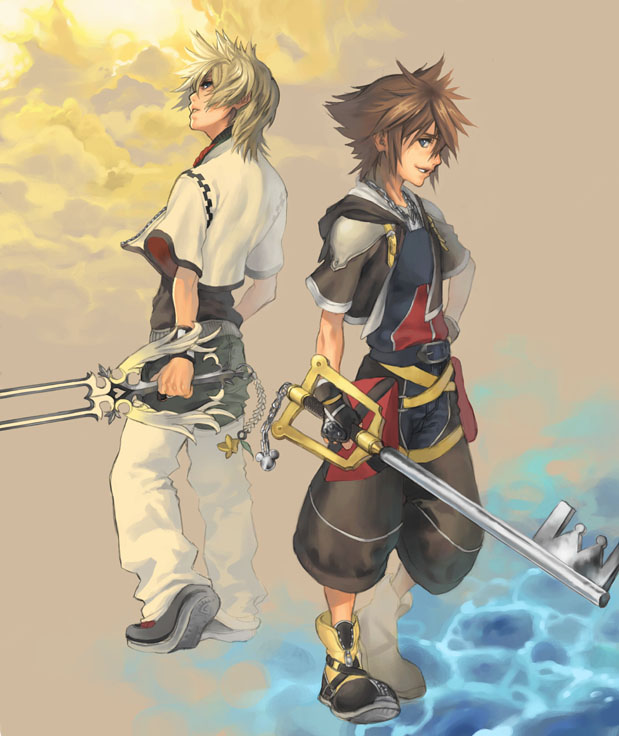 umadaisuki, roxas, sora (kingdom hearts), kingdom hearts, kingdom hearts ii, 2boys, blonde hair, brown hair, full body, gradient background, keyblade, male focus, multiple boys, outdoors, short hair, sky