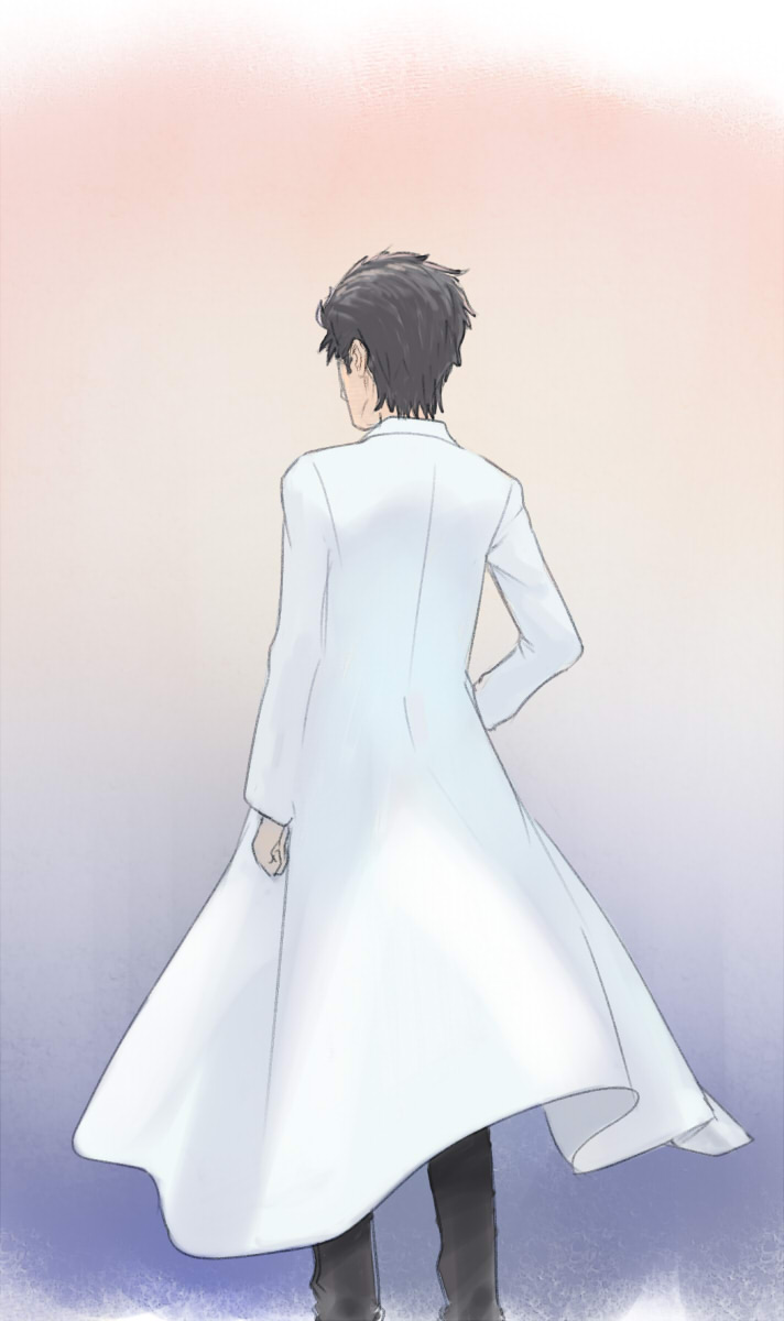 menomorute, okabe rintarou, okabe rintarou (beta), science adventure, steins;gate, steins;gate 0, highres, 1boy, beard stubble, black hair, black pants, facial hair, from behind, lab coat, male focus, pants, solo, stubble