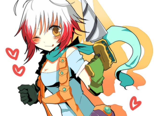 koym, pascal (tales), tales of (series), tales of graces, 1girl, blue shirt, drill, female focus, gloves, multicolored hair, one eye closed, overalls, red hair, scarf, shirt, short hair, solo, tongue, two-tone hair, white hair, wink, yellow eyes