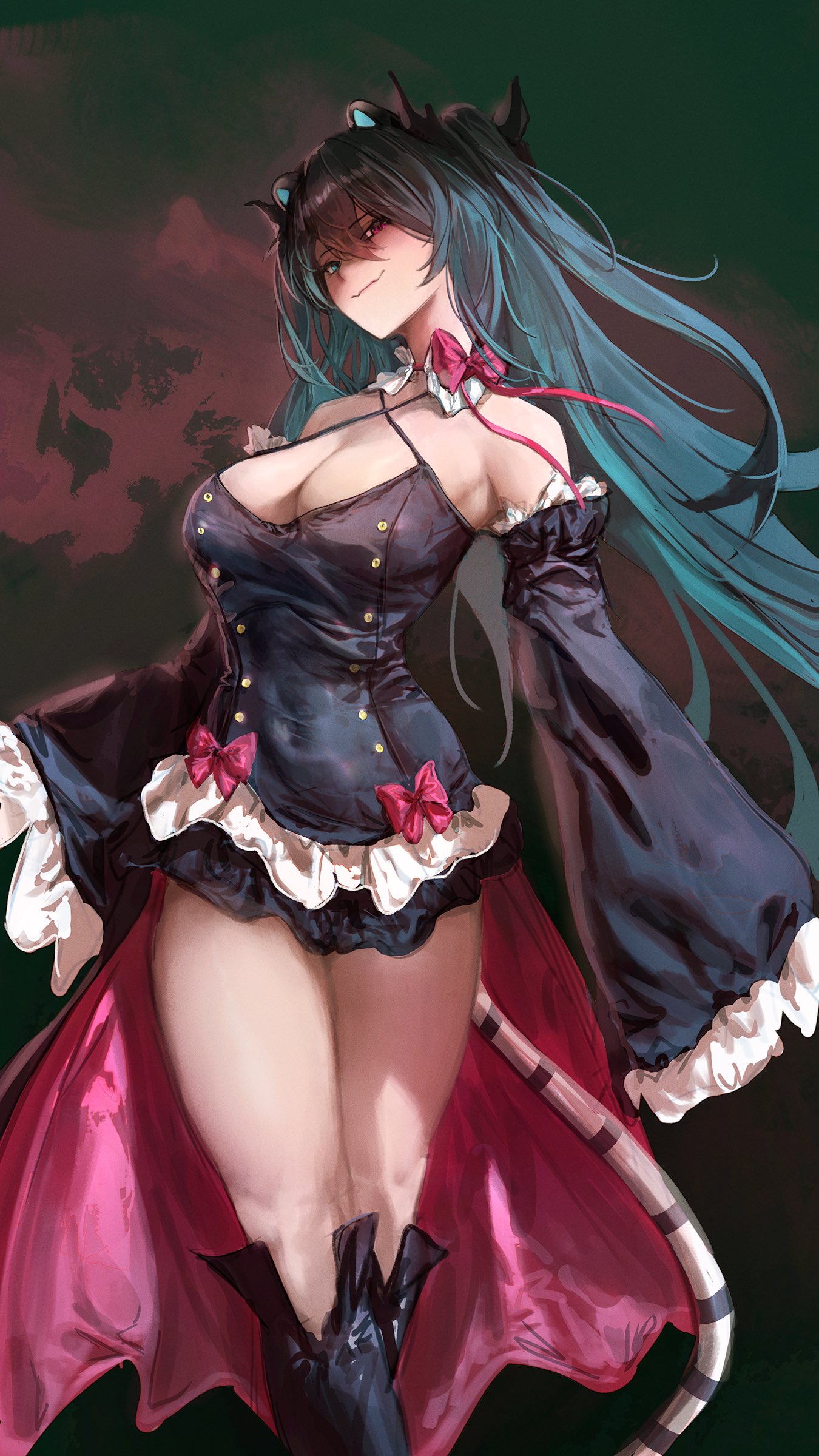mn374390, erina makina, krul tepes, owari no seraph, phase connect, absurdres, highres, 1girl, animal ears, aqua eyes, bare shoulders, black boots, black dress, black sleeves, blue hair, boots, breasts, cleavage, cosplay, detached sleeves, dress, heterochromia, high-low dress, krul tepes (cosplay), large breasts, long hair, long sleeves, pink eyes, short dress, solo, striped tail, tail, tiger ears, tiger tail, very long hair, virtual youtuber