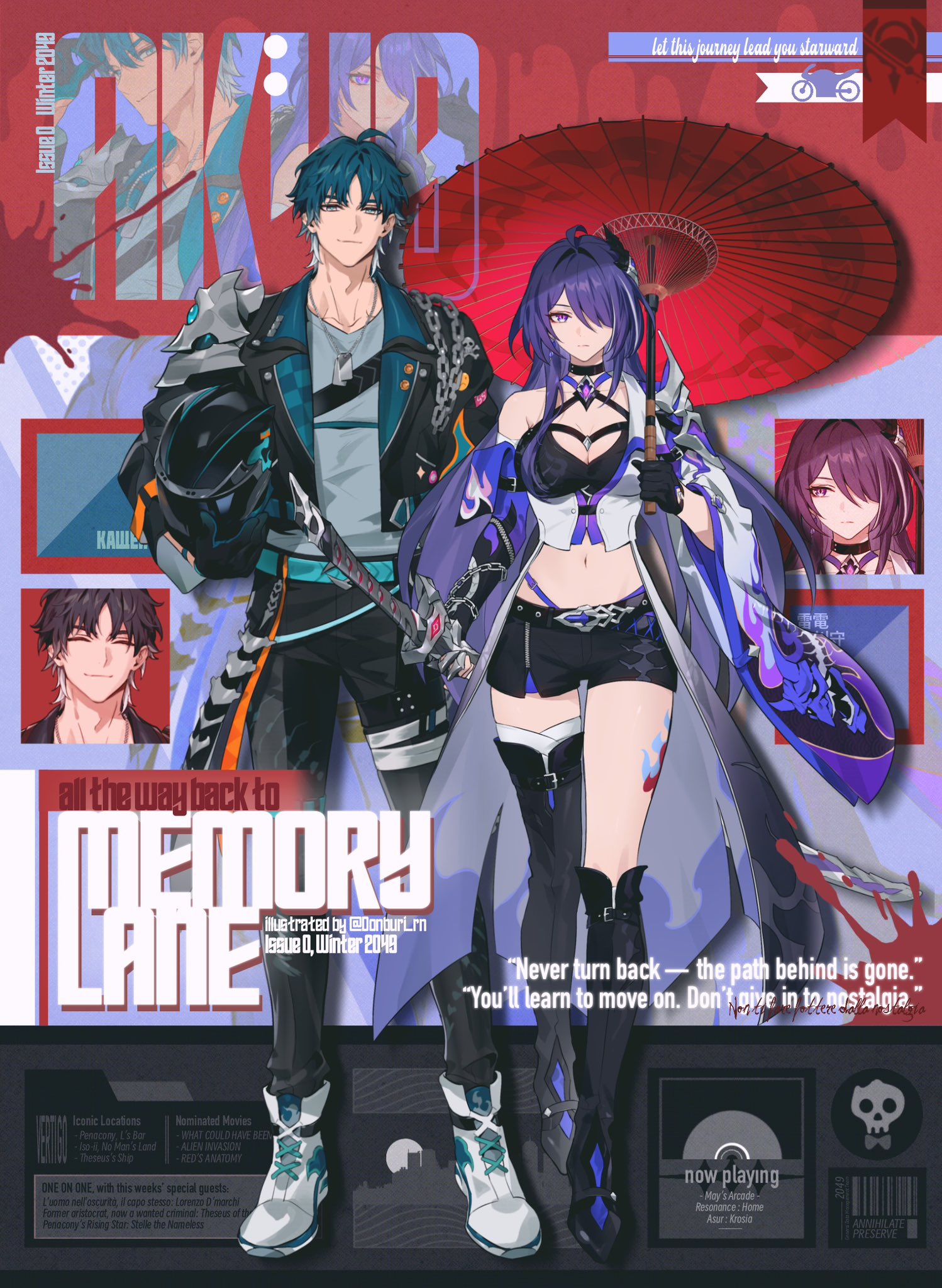 donburi rn, acheron (honkai: star rail), honkai: star rail, honkai (series), original, commission, highres, second-party source, 1boy, 1girl, ahoge, aqua eyes, aqua hair, armor, asymmetrical legwear, belt, breasts, buckle, chain, choker, cleavage, crop top, english text, flame print, full body, gloves, hair ornament, hair over one eye, helmet, jacket, jewelry, large breasts, leg tattoo, multicolored hair, navel, necklace, oil-paper umbrella, open clothes, pants, parted bangs, purple eyes, purple hair, shirt, shoes, shorts, shoulder armor, single bare shoulder, strap, streaked hair, sword, tailcoat, tattoo, umbrella, unworn headwear, unworn helmet, weapon