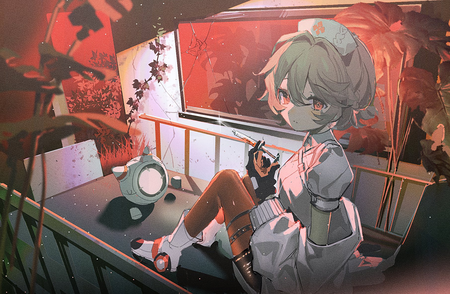 yur1ca, nurse robot type t, utau, commentary, highres, symbol-only commentary, 1girl, black shorts, boots, closed mouth, double-parted bangs, full body, grey hair, hair between eyes, hat, holding, holding syringe, knees up, nurse cap, orange pantyhose, pantyhose, pantyhose under shorts, plant, red eyes, shirt, short hair, short sleeves, shorts, sitting, solo, syringe, white boots, white hat, white shirt