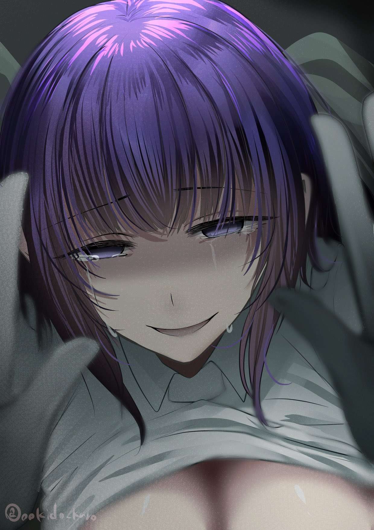 ookido karo, kurokawa (sakusei byoutou), sakusei byoutou, highres, crying, crying with eyes open, looking at viewer, no pupils, nurse, purple eyes, purple hair, reaching, reaching towards viewer, solo, tears