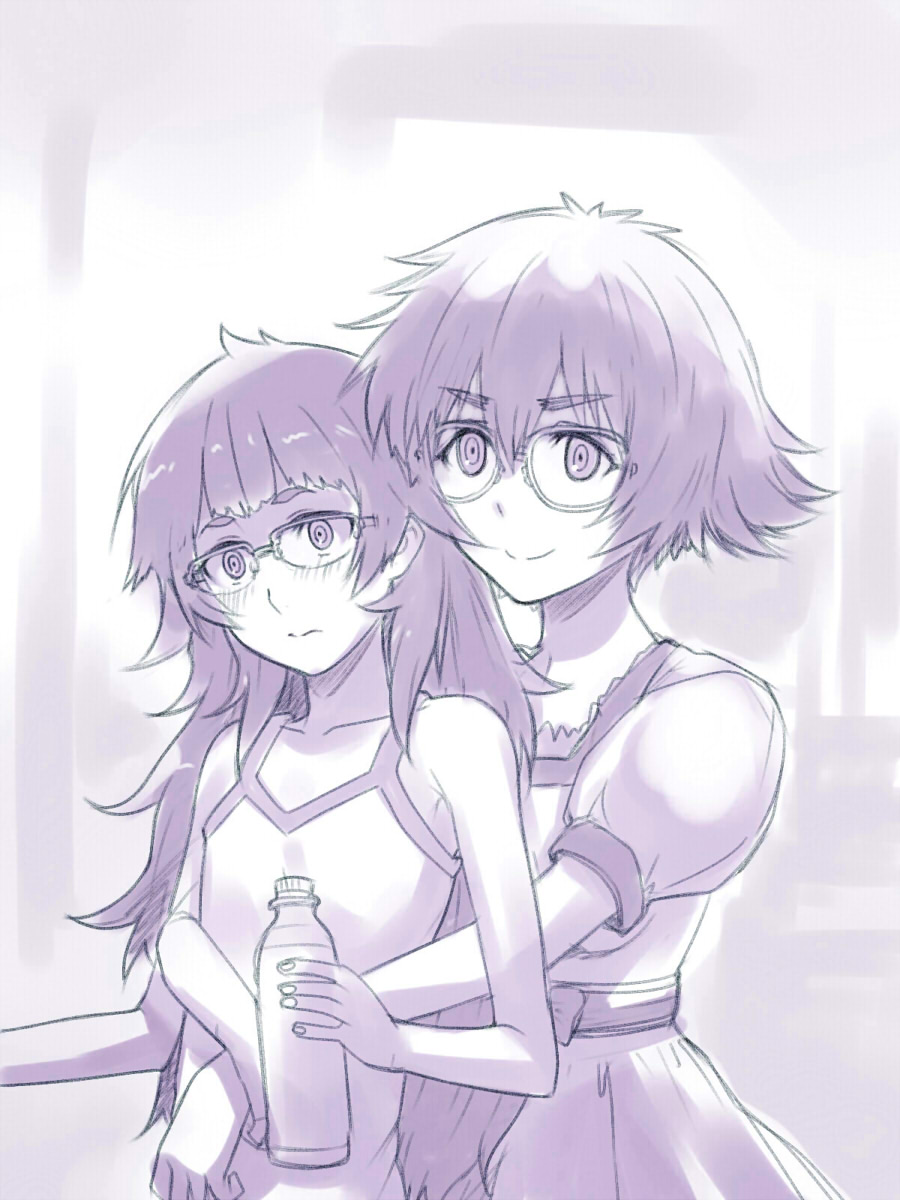 menomorute, hiyajou maho, shiina mayuri, science adventure, steins;gate, steins;gate 0, highres, 2girls, bottle, dress, glasses, holding, holding bottle, hug, hug from behind, long hair, messy hair, monochrome, multiple girls, ringed eyes, short hair, smile, tank top, very long hair