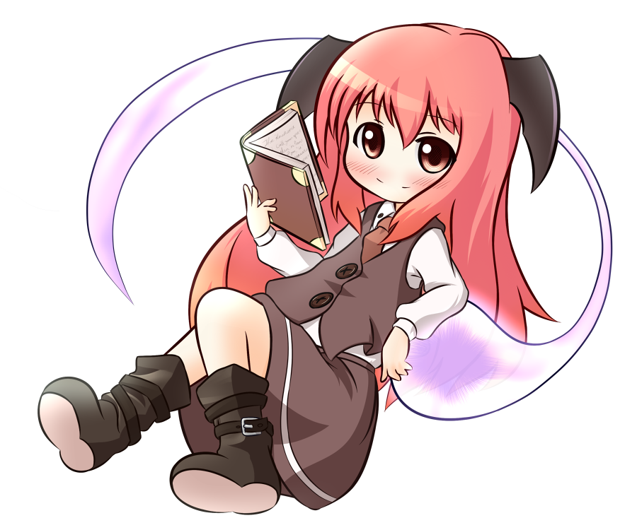 uruc, koakuma, konpaku youmu, konpaku youmu (ghost), embodiment of scarlet devil, touhou, bad id, bad pixiv id, 1girl, bat wings, black boots, book, boots, chibi, female focus, full body, head wings, long hair, red eyes, red hair, simple background, solo, white background, wings