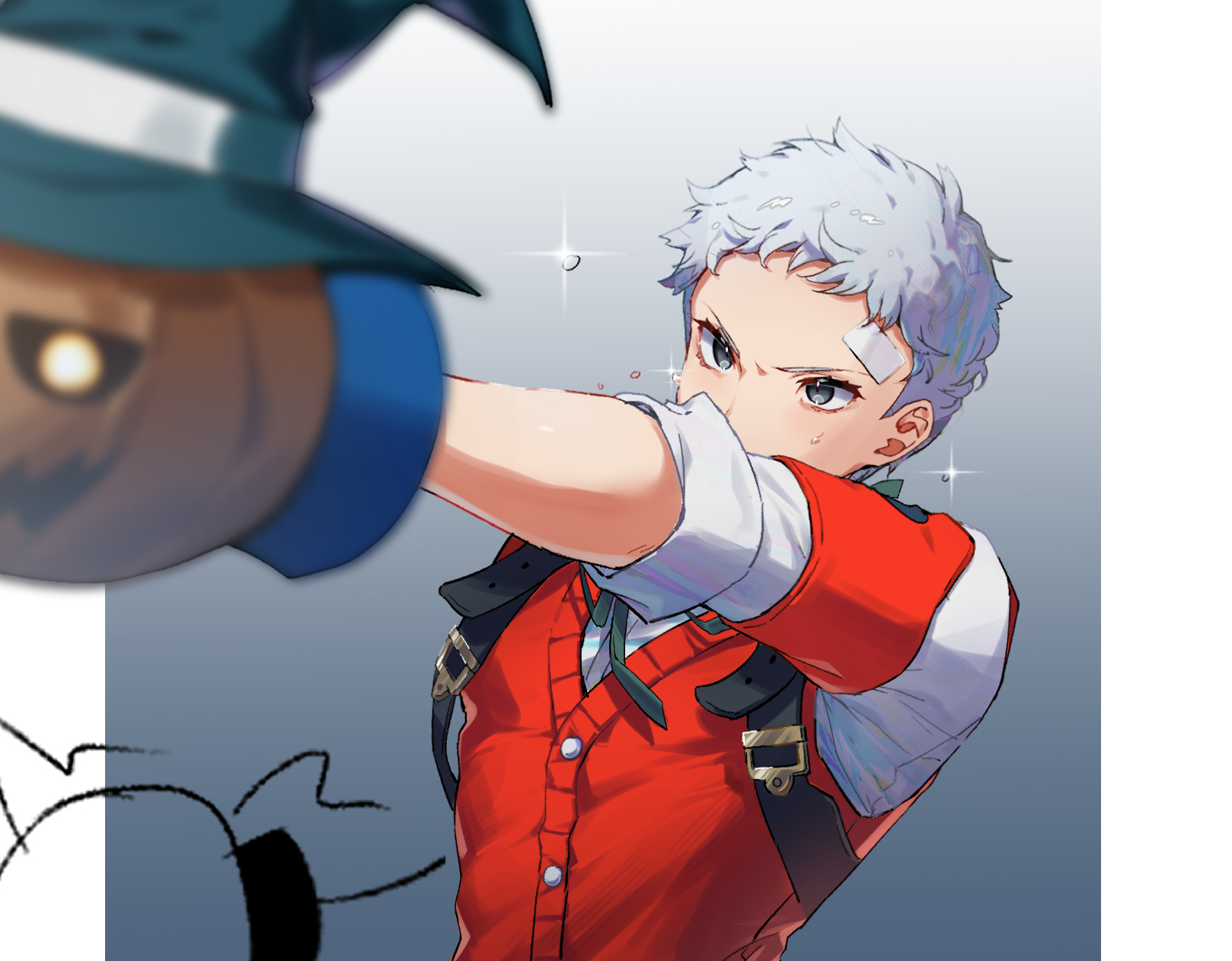 nana babylon, pyro jack, sanada akihiko, persona, persona 3, persona 3 reload, commentary request, highres, 1boy, armband, bandaid, bandaid on face, bandaid on forehead, black ribbon, boxing gloves, gekkoukan high school uniform, gloves, gradient background, grey background, grey eyes, grey hair, male focus, neck ribbon, outstretched arm, punching, red armband, red sweater vest, ribbon, school uniform, shirt, short hair, solo, sweat, sweatdrop, sweater vest, upper body, white shirt