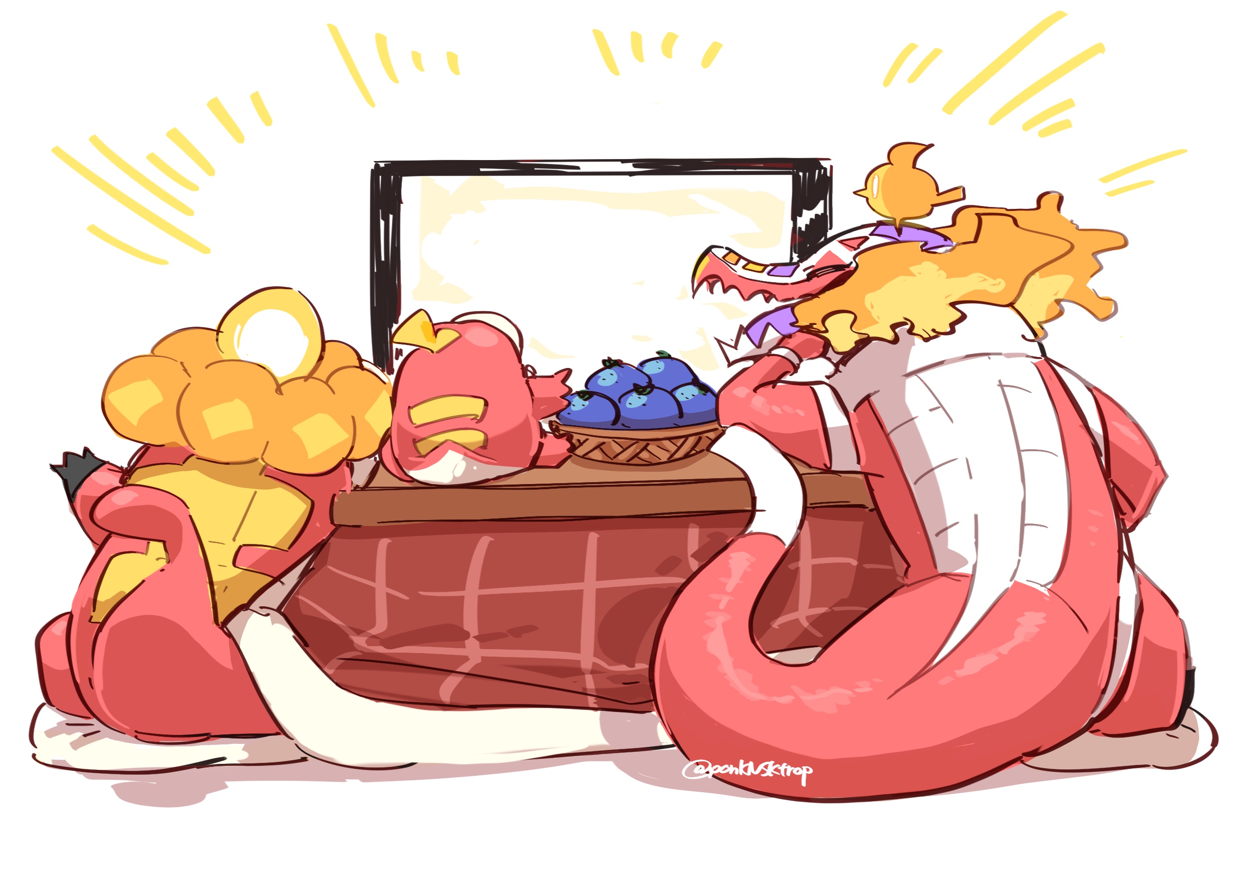 pon (ponymmtknsk), crocalor, fire bird (skeledirge), fuecoco, skeledirge, nintendo, pokemon, commentary request, highres, basket, berry (pokemon), closed eyes, evolutionary line, kotatsu, no humans, open mouth, oran berry, pokemon (creature), simple background, table, tail, television, twitter username, watching television, white background