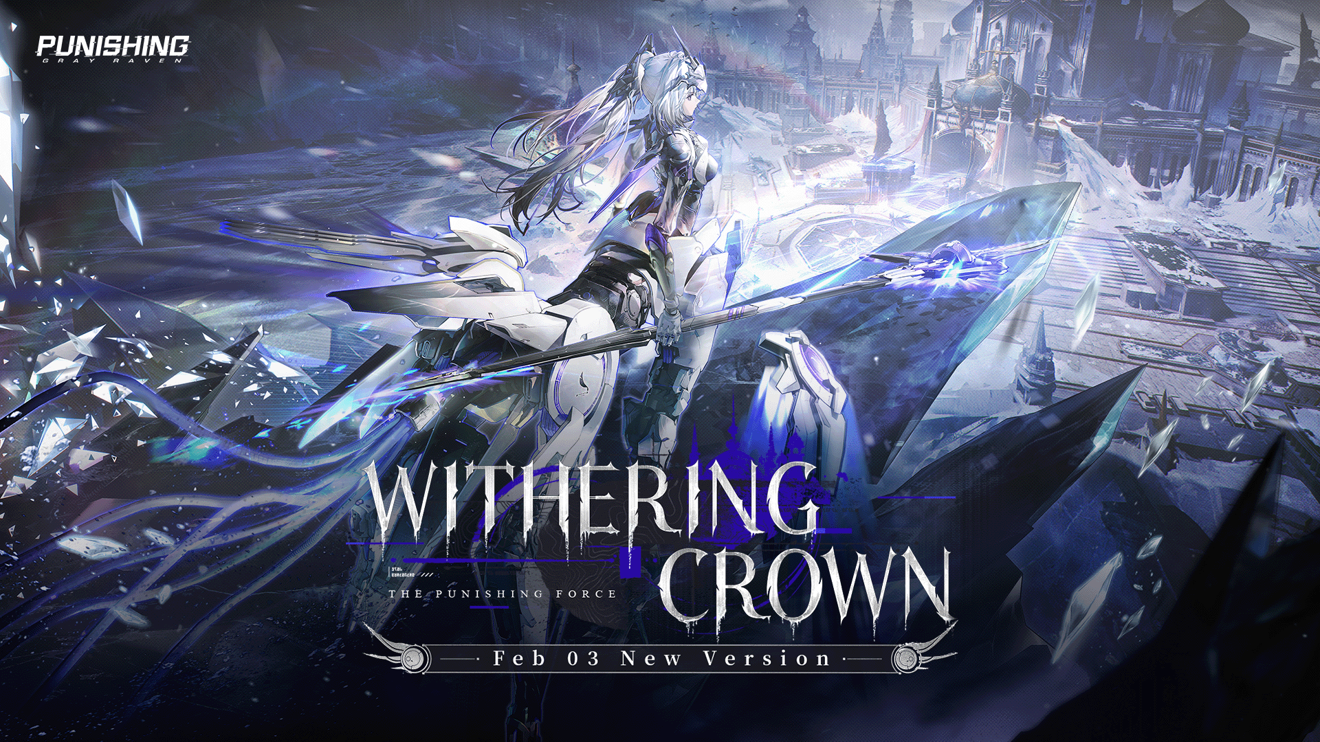 rosetta (pgr), punishing: gray raven, commentary, english commentary, highres, official art, 1girl, breasts, english text, from behind, grey hair, headgear, holding, holding polearm, holding weapon, logo, long hair, mechanical arms, mechanical legs, medium breasts, polearm, rosetta: arete (pgr), solo, standing, taur, weapon