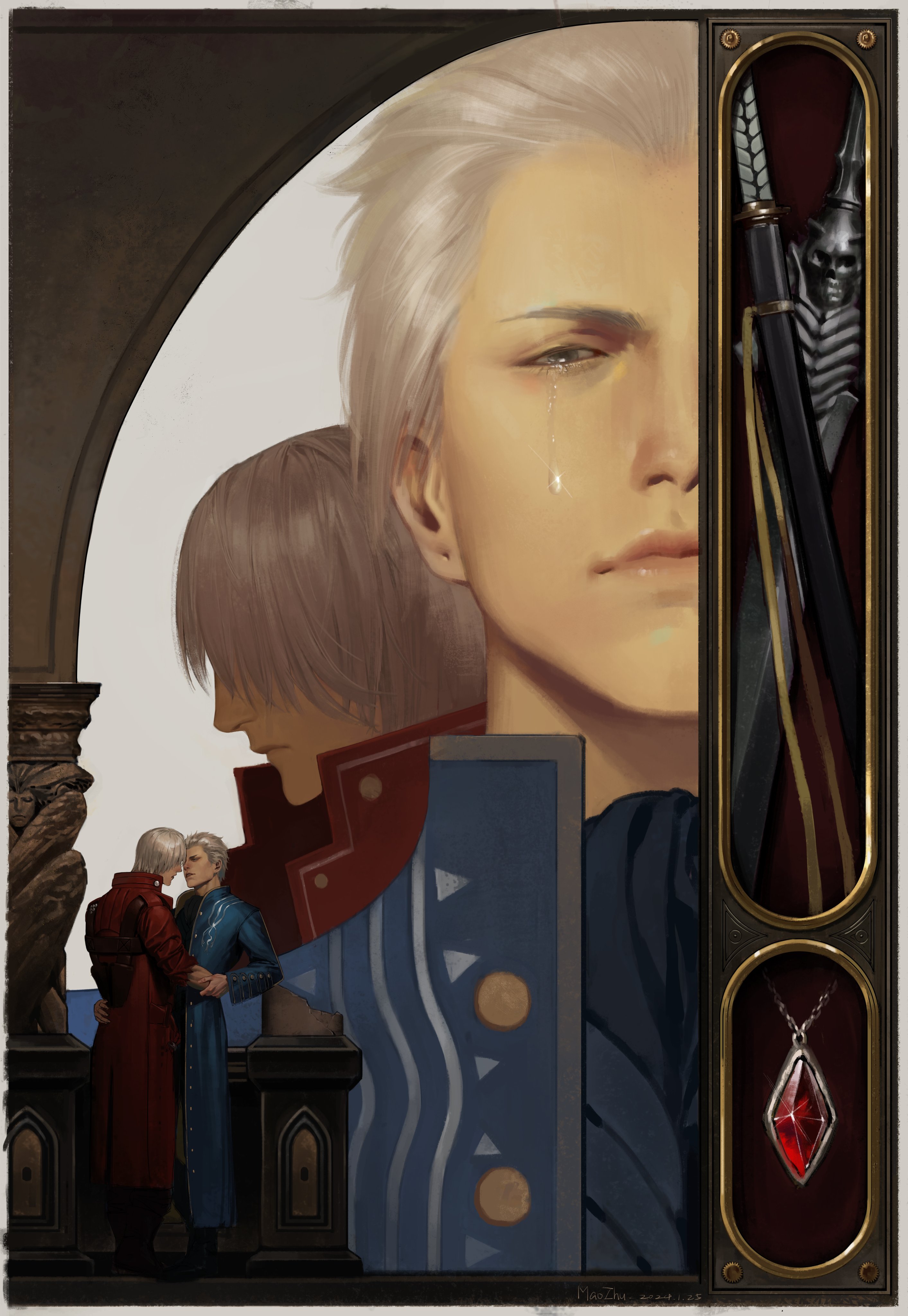 maozhu, dante (devil may cry), vergil (devil may cry), devil may cry (series), absurdres, commentary, highres, symbol-only commentary, 2boys, blue coat, border, closed mouth, coat, grey eyes, hug, jewelry, male focus, multiple boys, multiple views, necklace, red coat, sad, short hair, sparkle, sword, tears, weapon, white border, white hair, yaoi
