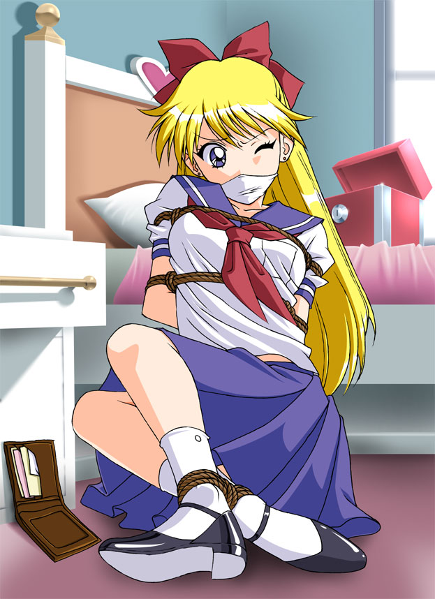 daikinbakuju, aino minako, bishoujo senshi sailor moon, white legwear, bdsm, bed, blonde hair, bondage, gag, gagged, hair ribbon, long hair, ribbon, school uniform, skirt, socks, wallet, wince, wink