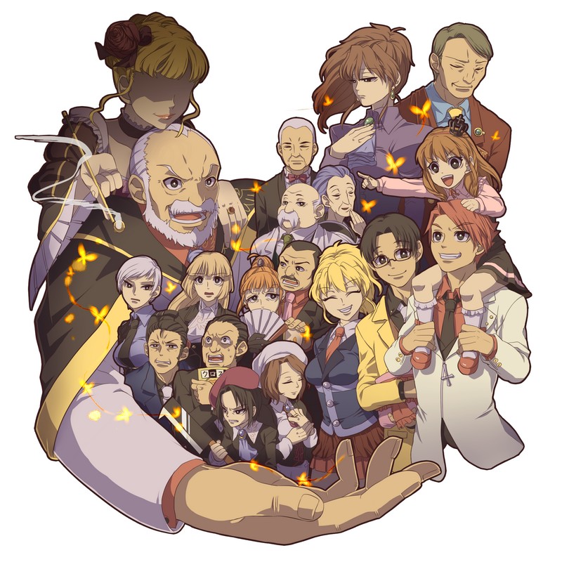 niso, beatrice (umineko), gouda toshirou, kanon (umineko), kumasawa chiyo, nanjou terumasa, shannon (umineko), ushiromiya battler, ushiromiya eva, ushiromiya george, ushiromiya hideyoshi, ushiromiya jessica, ushiromiya kinzou, ushiromiya krauss, ushiromiya kyrie, ushiromiya maria, ushiromiya natsuhi, ushiromiya rosa, ushiromiya rudolf, 07th expansion, no naku koro ni (series), umineko no naku koro ni, 00s, 6+boys, 6+girls, bag, beret, billhook, black eyes, black hair, blonde hair, bow, bowtie, brown hair, bug, butterfly, cape, child, choker, cleaver, closed eyes, cross, crown, earrings, everyone, facial hair, flower, glasses, grey hair, grin, hair ornament, hand fan, hashitsuki nata, hat, hatchet, insect, jewelry, kiseru, lips, long hair, maid, multiple boys, multiple girls, mustache, nata (tool), necktie, no eyes, orange hair, ponytail, red hair, ring, rose, shaded face, short hair, side ponytail, skirt, smile, smoke, smoking pipe, socks, teardrop, white hair