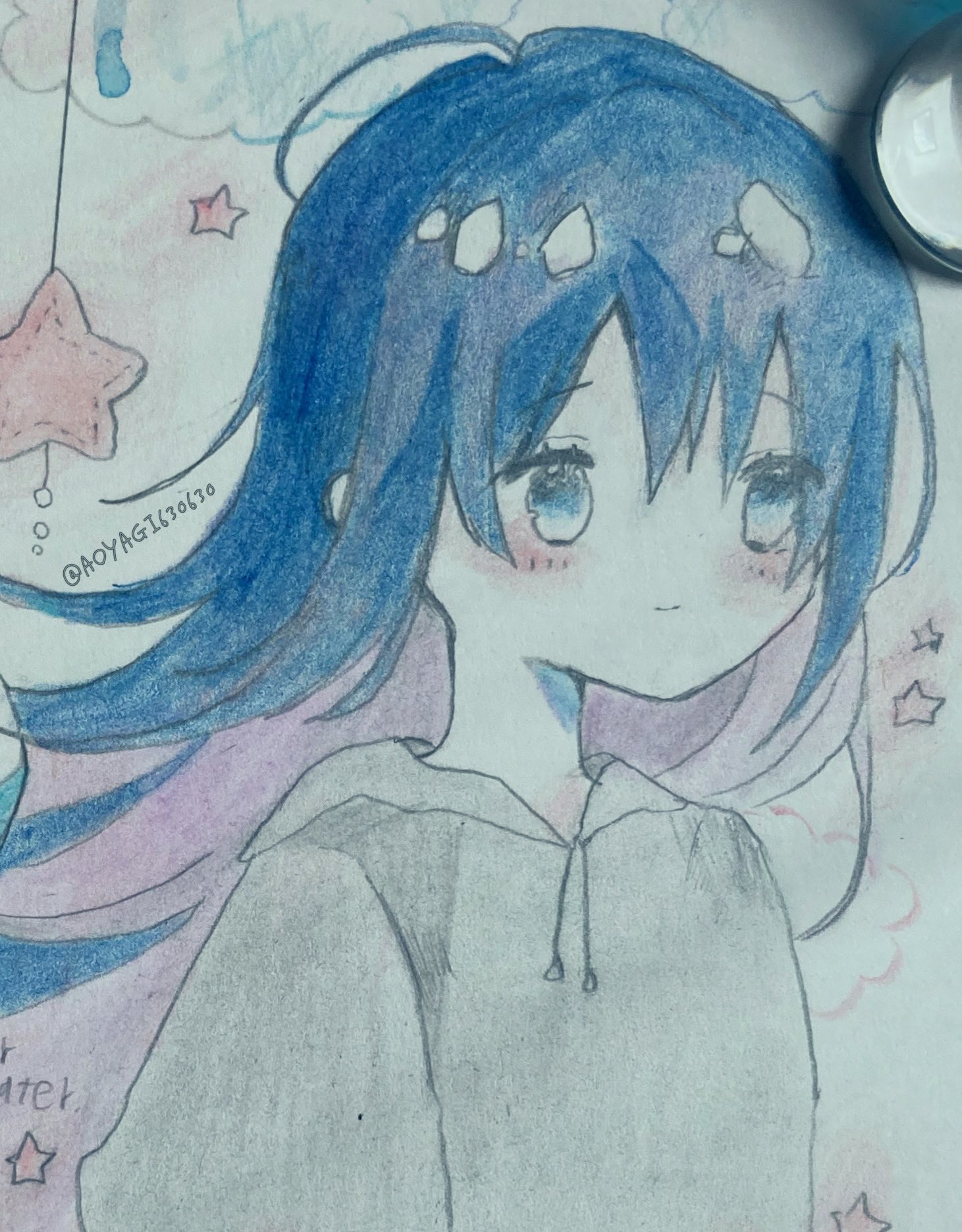 aoyagi874, original, commentary request, highres, painting (medium), traditional media, watercolor (medium), 1girl, blue eyes, blue hair, blush, closed mouth, cloud, drawstring, english text, fish, flower, gradient hair, hood, hoodie, jar, long hair, long sleeves, multicolored hair, paint splatter, pale skin, purple hair, solo, star (symbol), twitter username, two-tone hair, underwater, upper body, whale