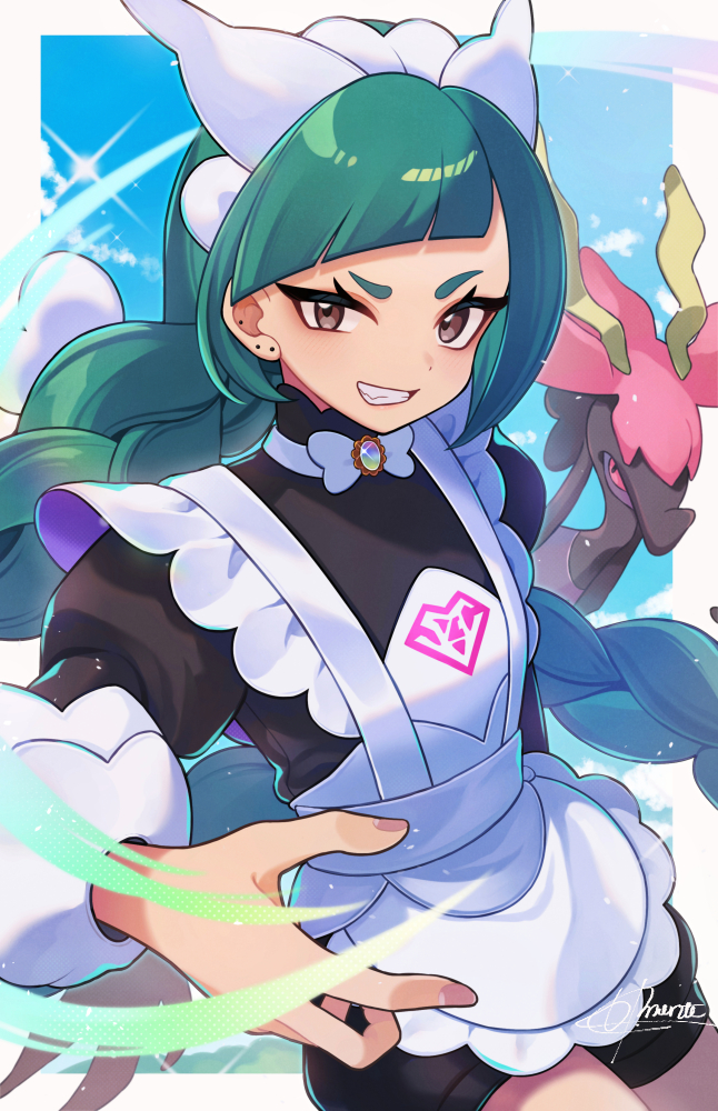 hachimitsu monte, dragalge, lebanne (pokemon), nintendo, pokemon, pokemon legends: z-a, commentary request, 1girl, apron, black romper, blunt bangs, blush, bow, bowtie, braid, braided ponytail, breasts, brown eyes, colored sclera, fish, gen 6 pokemon, green hair, grin, juliet sleeves, leafy seadragon, long braid, long hair, long sleeves, maid, maid apron, maid headdress, mega stone, open mouth, pokemon (creature), puffy sleeves, red sclera, romper, seahorse, small breasts, smile, teeth, tsurime, white bow, white bowtie