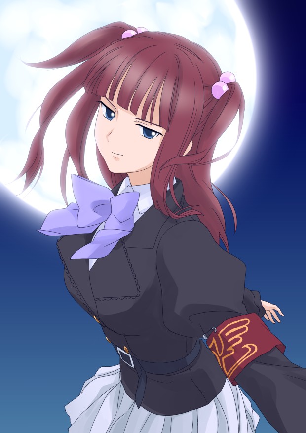 komatsu (sakanae), ushiromiya ange, umineko no naku koro ni, 00s, armband, belt, blue eyes, full moon, hair bobbles, hair ornament, long hair, moon, pleated skirt, red hair, skirt, solo