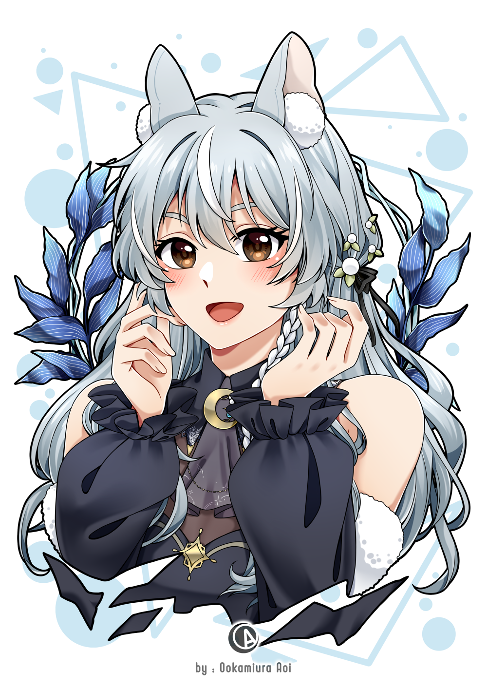 ookamiura aoi, metanoia live, animal ear request, highres, 1girl, :d, animal ear fluff, animal ears, artist name, ascot, bare shoulders, black ascot, black ribbon, black shirt, blue flower, blush, crescent, crescent pin, cropped torso, fiona clearesta, flower, hair ribbon, long hair, long sleeves, multicolored hair, open mouth, ribbon, shirt, smile, solo, streaked hair, virtual youtuber, wavy hair, white background, white streaks
