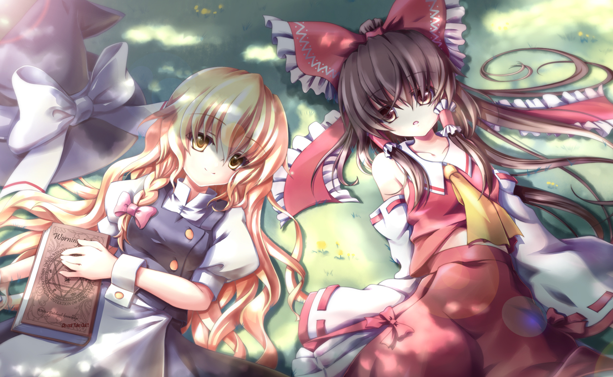 yosugara shou, hakurei reimu, kirisame marisa, shou, touhou, 2girls, blonde hair, book, bow, braid, brown hair, dappled sunlight, detached sleeves, female focus, grass, grimoire, hat, japanese clothes, long hair, lying, miko, multiple girls, no nose, on back, shade, smile, sunlight, unworn hat, unworn headwear, witch, witch hat, yellow eyes