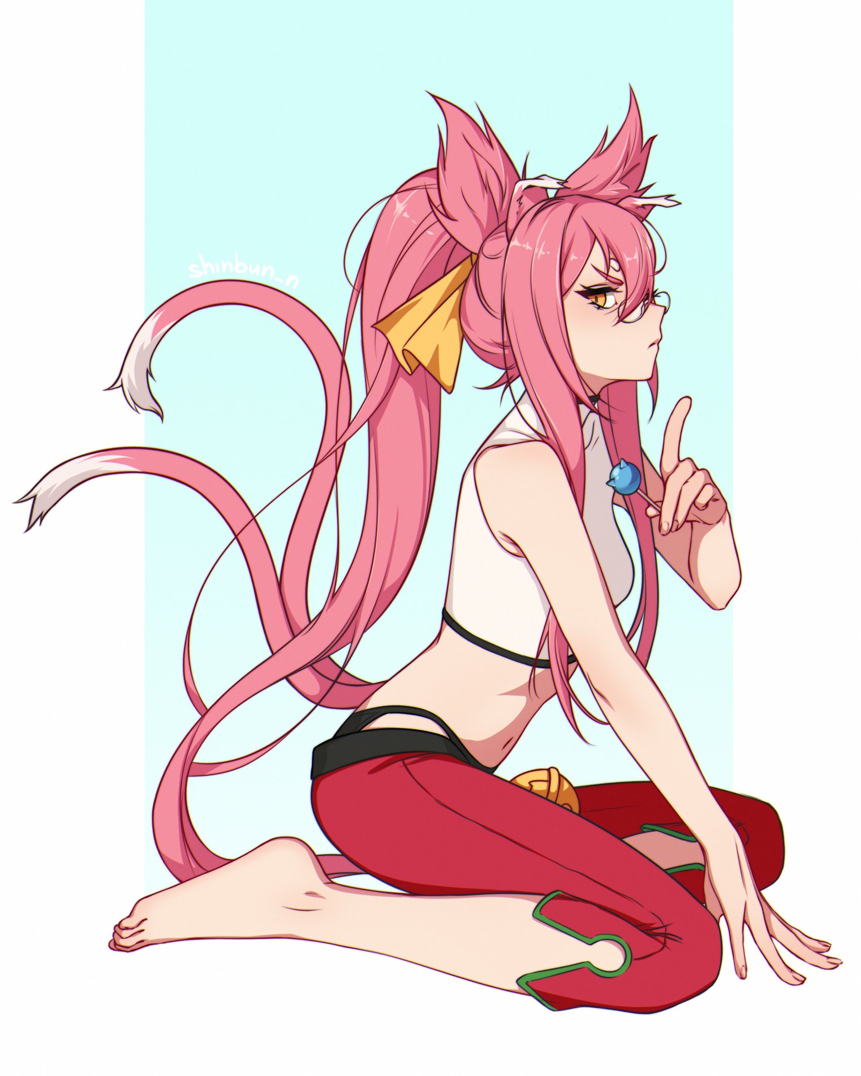 shinbun n, kokonoe (blazblue), arc system works, blazblue, commentary, english commentary, highres, animal ears, annoyed, arm support, artist name, barefoot, bell, black panties, black trim, blue background, bow, breasts, candy, capri pants, cat ears, closed mouth, coat, feet, food, from side, glasses, gradient background, green trim, hair bow, holding, holding candy, holding food, lollipop, long hair, looking at viewer, midriff, multiple tails, navel, panties, pants, pince-nez, pink hair, shirt, shoes, sidelocks, sideways glance, simple background, sitting, sleeveless, sleeveless shirt, small breasts, tail, toes, underwear, unworn coat, unworn shoes, very long hair, wariza, white shirt, yellow bow, yellow eyes