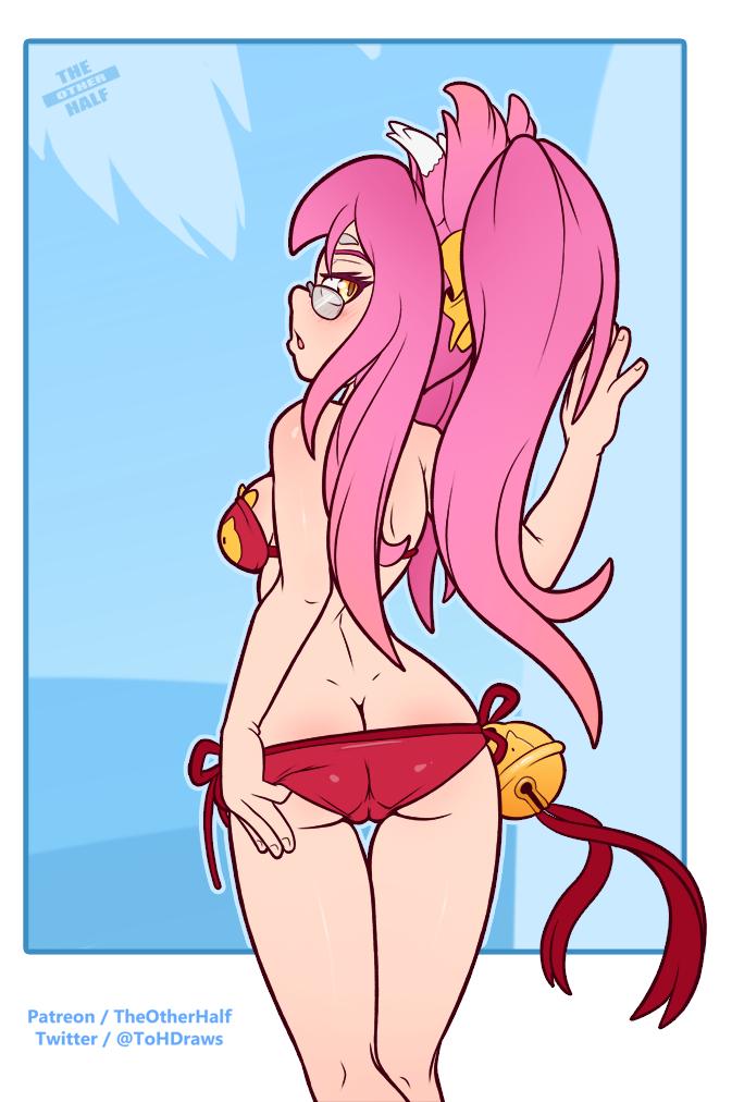 the other half, kokonoe (blazblue), arc system works, blazblue, commentary, english commentary, 2019, adjusting clothes, adjusting swimsuit, alternate breast size (larger), animal ears, arm up, artist name, ass, bell, bikini, blush, border, breasts, butt crack, cameltoe, cat ears, cat girl, dimples of venus, feet out of frame, glasses, kneepits, long hair, looking at viewer, looking back, medium breasts, open mouth, outside border, pince-nez, pink hair, red bikini, shoulder blades, side-tie bikini bottom, sideboob, sideways glance, swimsuit, yellow eyes