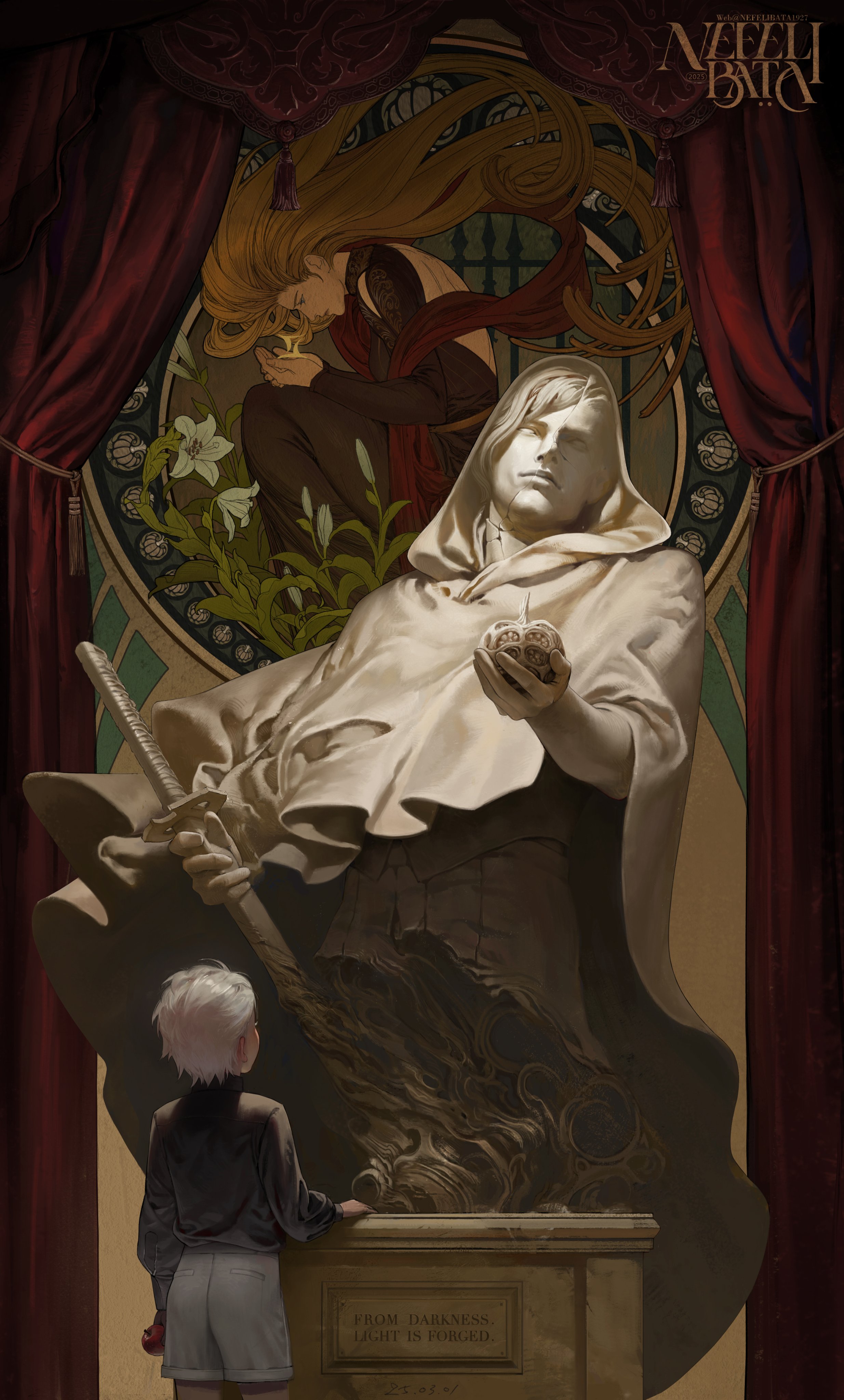 maozhu, dante (devil may cry), eva (devil may cry), vergil (devil may cry), devil may cry (series), white lily, absurdres, commentary, commentary request, highres, symbol-only commentary, translation request, 1boy, apple, art nouveau, black shirt, closed mouth, crack, curtains, english text, food, fruit, portuguese text, shirt, short hair, shorts, sword, symbolism, tassel, weapon, white hair, white shorts