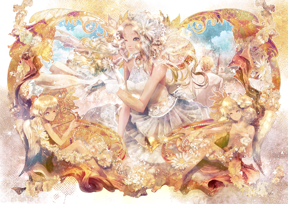 yuu (arcadia), original, 1boy, 4girls, angel, angel wings, blonde hair, cherub, dress, flower, gloves, green eyes, hair ornament, hug, instrument, multiple girls, one eye closed, wedding dress, wings, wink