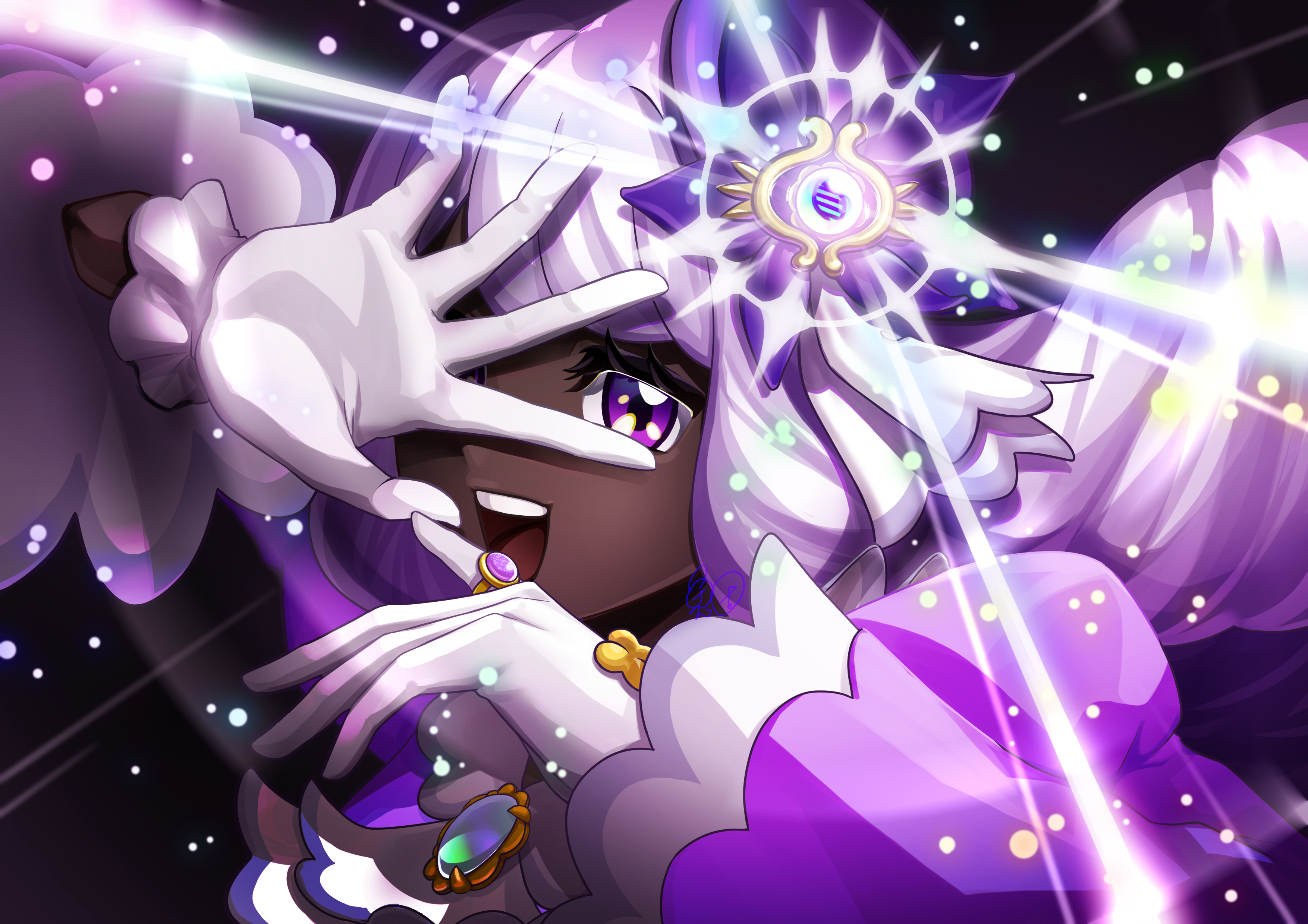 sakanamonnsuto, jacinthe (pokemon), nintendo, pokemon, pokemon legends: z-a, absurdres, commentary request, highres, 1girl, :d, dark-skinned female, dark skin, floating hair, glove bow, gloves, glowing, hands up, long hair, long sleeves, open mouth, puffy sleeves, purple eyes, smile, solo, spread fingers, teeth, tilted headwear, tongue, upper body, upper teeth only, white gloves