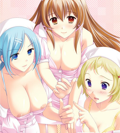 3girls, blonde hair, blue hair, handjob, invisible penis, multiple girls, nurse, penis