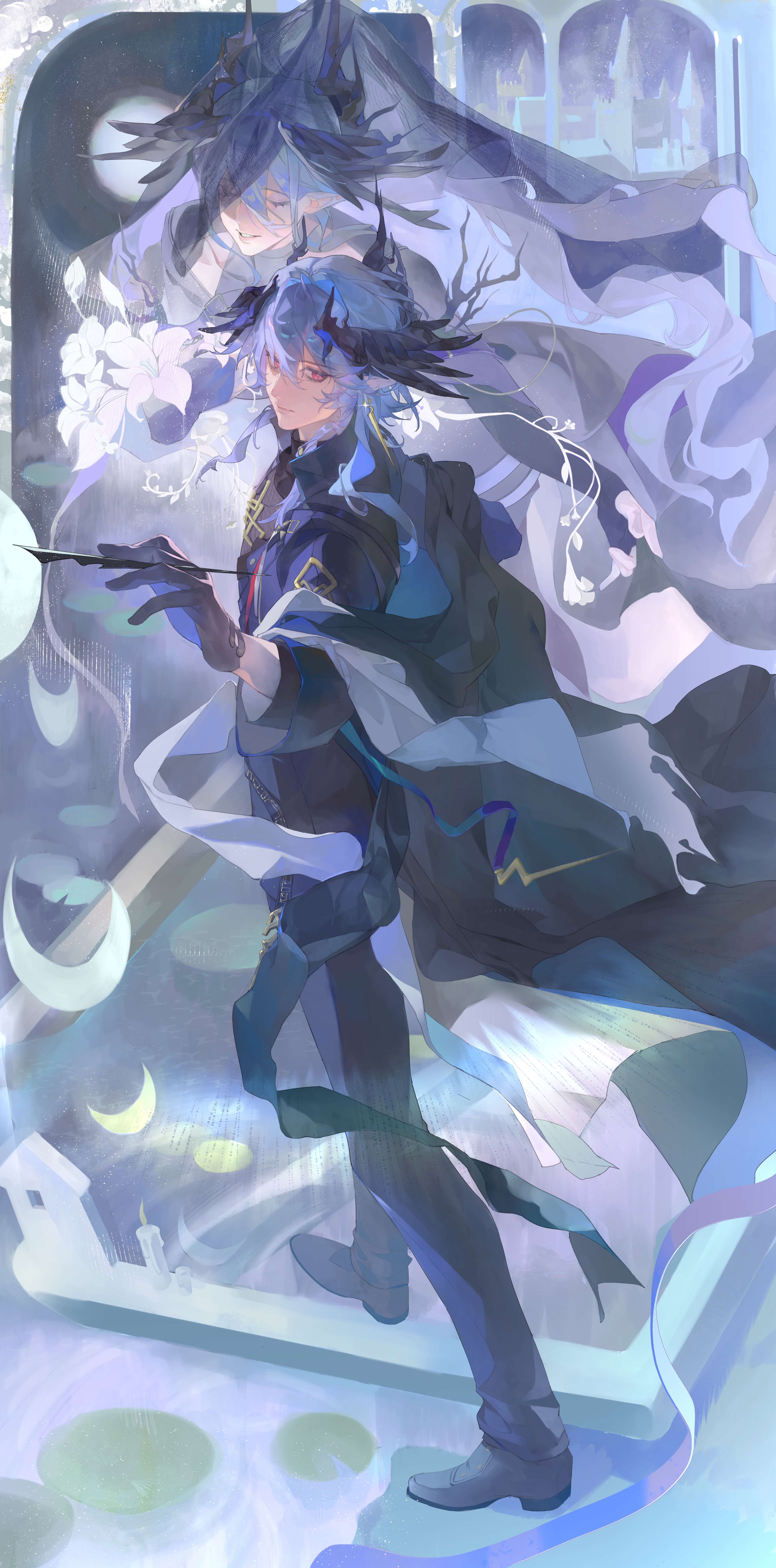 kouyangchatuolajisiji, laqeramaline (arknights), logos (arknights), arknights, absurdres, chinese commentary, commentary request, highres, 1boy, 1girl, black gloves, black jacket, black pants, black shoes, black veil, closed eyes, closed mouth, crescent, earrings, flower, full body, gloves, grey hair, hair between eyes, head wings, holding, holding pen, horns, jacket, jewelry, long hair, long sleeves, looking at viewer, looking back, mother and son, nib pen (object), pants, pen, pointy ears, red eyes, see-through clothes, see-through veil, shoes, standing, veil, white flower, wings