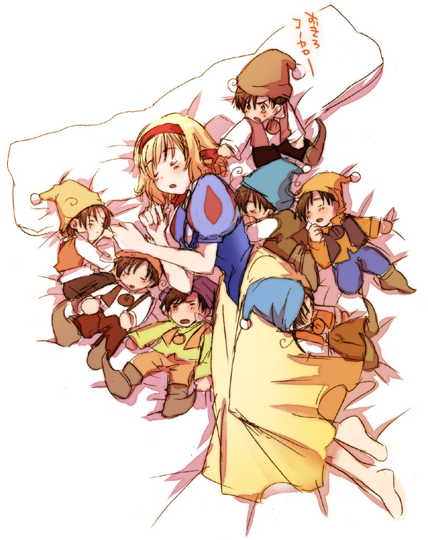 sakazakimay, belgium (hetalia), northern italy (hetalia), snow white (disney), southern italy (hetalia), axis powers hetalia, snow white and the seven dwarfs (disney), folklore, 1girl, 6+boys, barefoot, blonde hair, child, cosplay, crossover, fairy tales, hair ribbon, multiple boys, parody, puffy sleeves, ribbon, sketch, sleeping